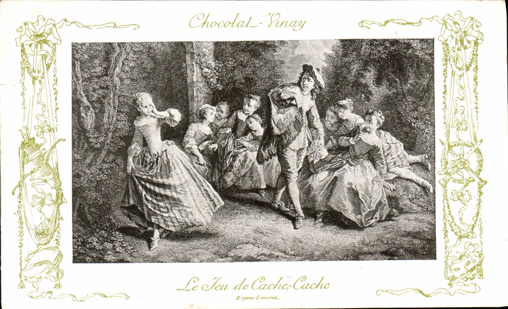 VINTAGE POSTCARD Fantaisie Publicity Vinay Chocolate the play of mask hides Lancret