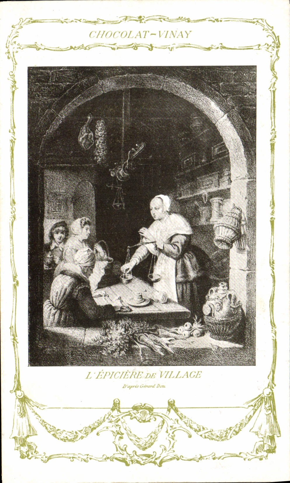 VINTAGE POSTCARD Fantasy Publicity Vinay Chocolate the epiciere of the village Gerald Dou