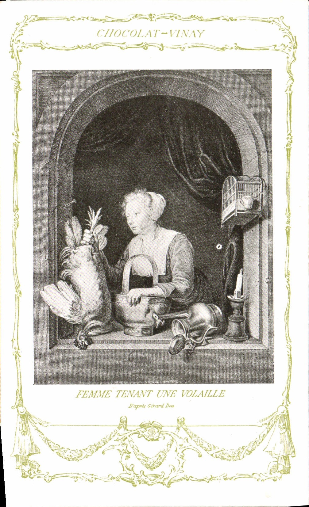 VINTAGE POSTCARD Fantasy Publicity Chocolate Vinay Woman holding a poultry Gerald Dou