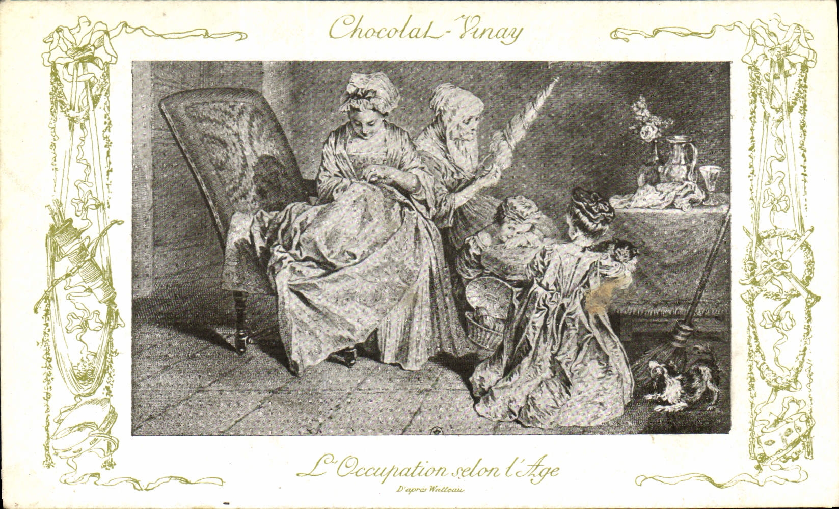 CPA Fantaisie Publicite Chocolat Vinay L'occupation selon l'age Watteau Fileuse Chat Chien Enfants