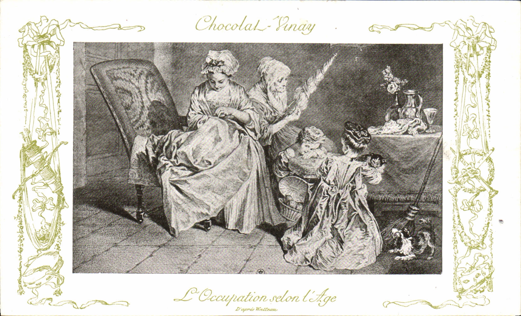 CPA Fantaisie Publicite Chocolat Vinay L'occupation selon l'age Watteau Fileuse Chat Chien Enfants