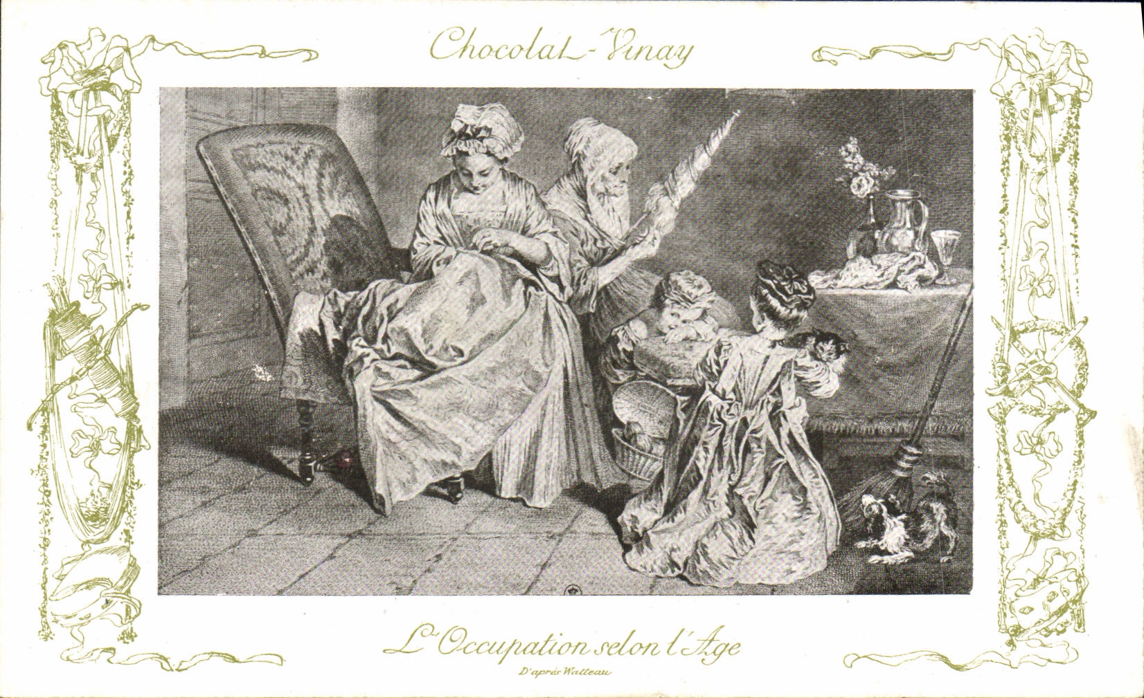 CPA Fantaisie Publicite Chocolat Vinay L'occupation selon l'age Watteau Fileuse Chien Chat Enfants