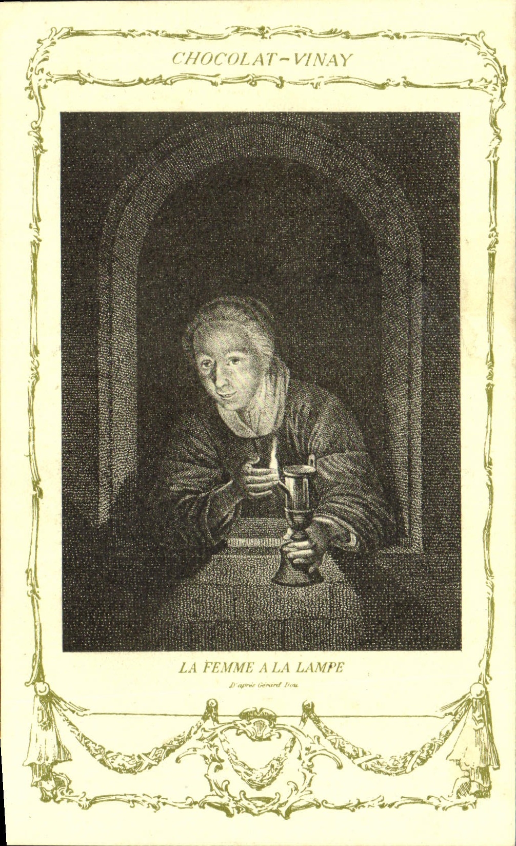 CPA Fantaisie Publicite Chocolat Vinay La femme a la lampe Gerard Dou