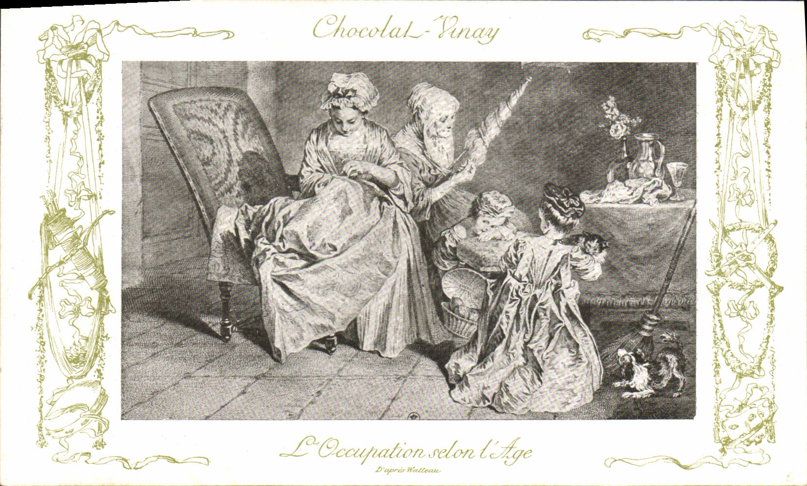 CPA Fantaisie Publicite Chocolat Vivay L'occupation seon l'age Watteau Chien