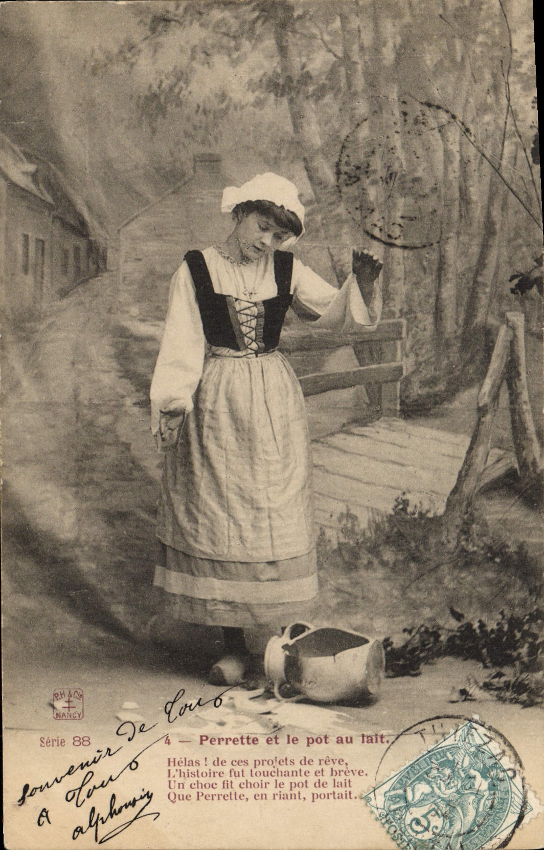 VINTAGE POSTCARD Fantasy Woman Pebble and the pot of milk