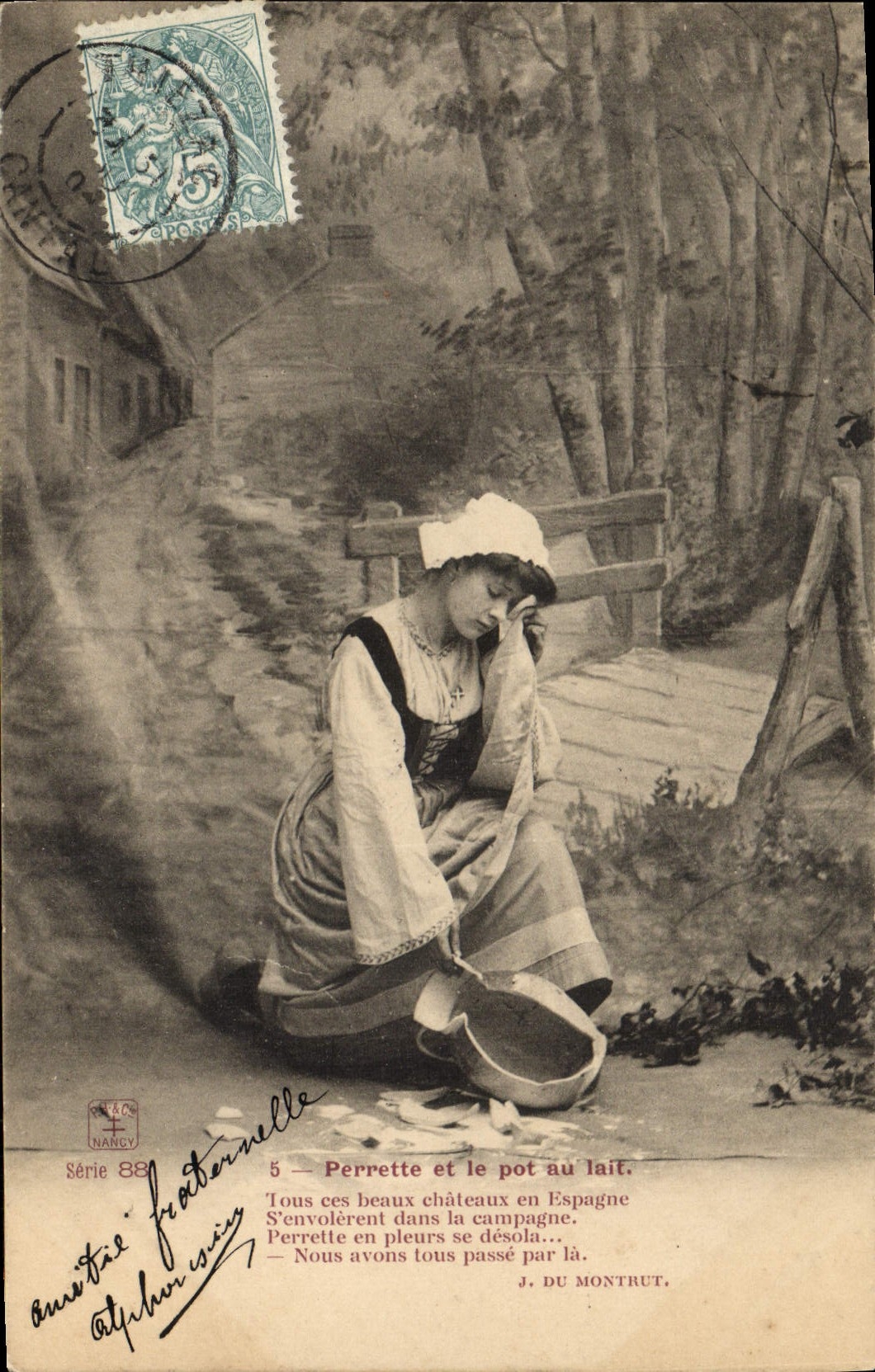 VINTAGE POSTCARD Fantasy Woman Pebble and the pot with milk Folklore