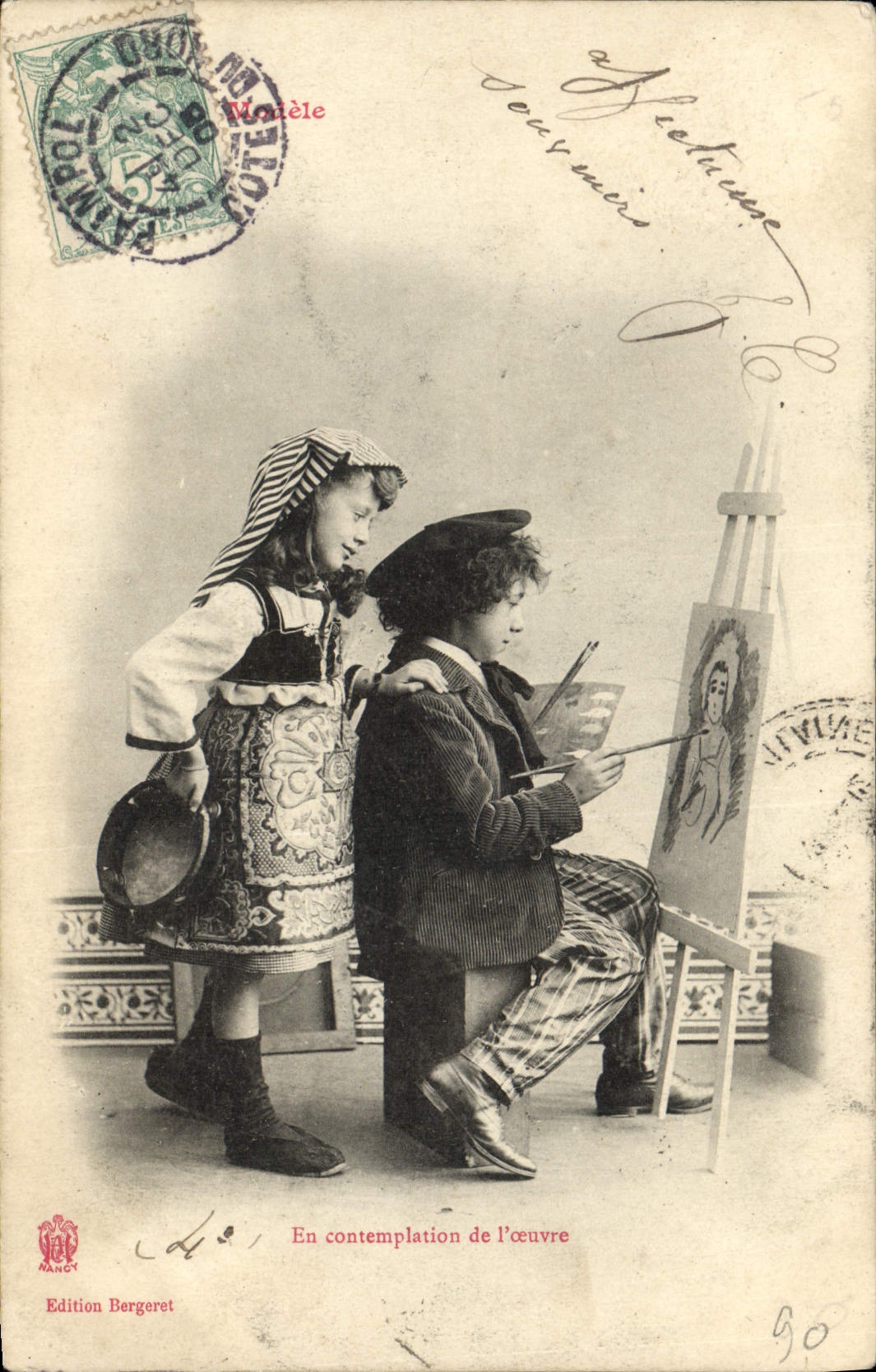 VINTAGE POSTCARD Fantasy Children In contemplation of work Painter