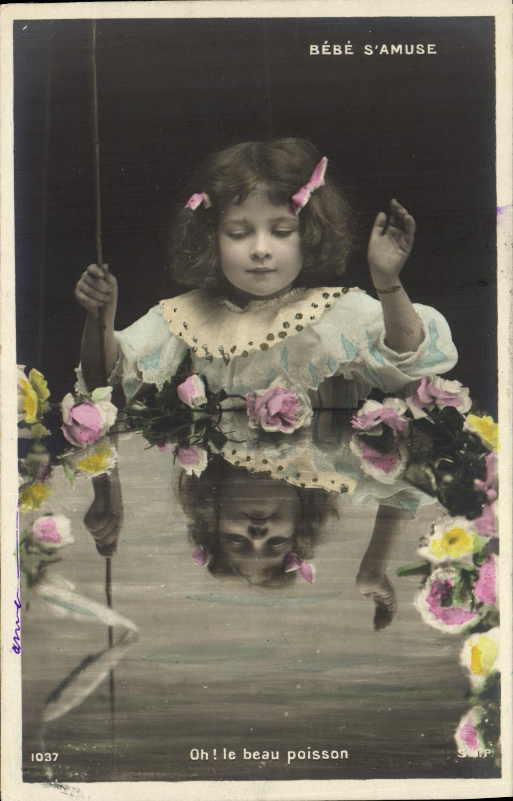 VINTAGE POSTCARD Fantaisie Child Baby has fun Poisson Peche