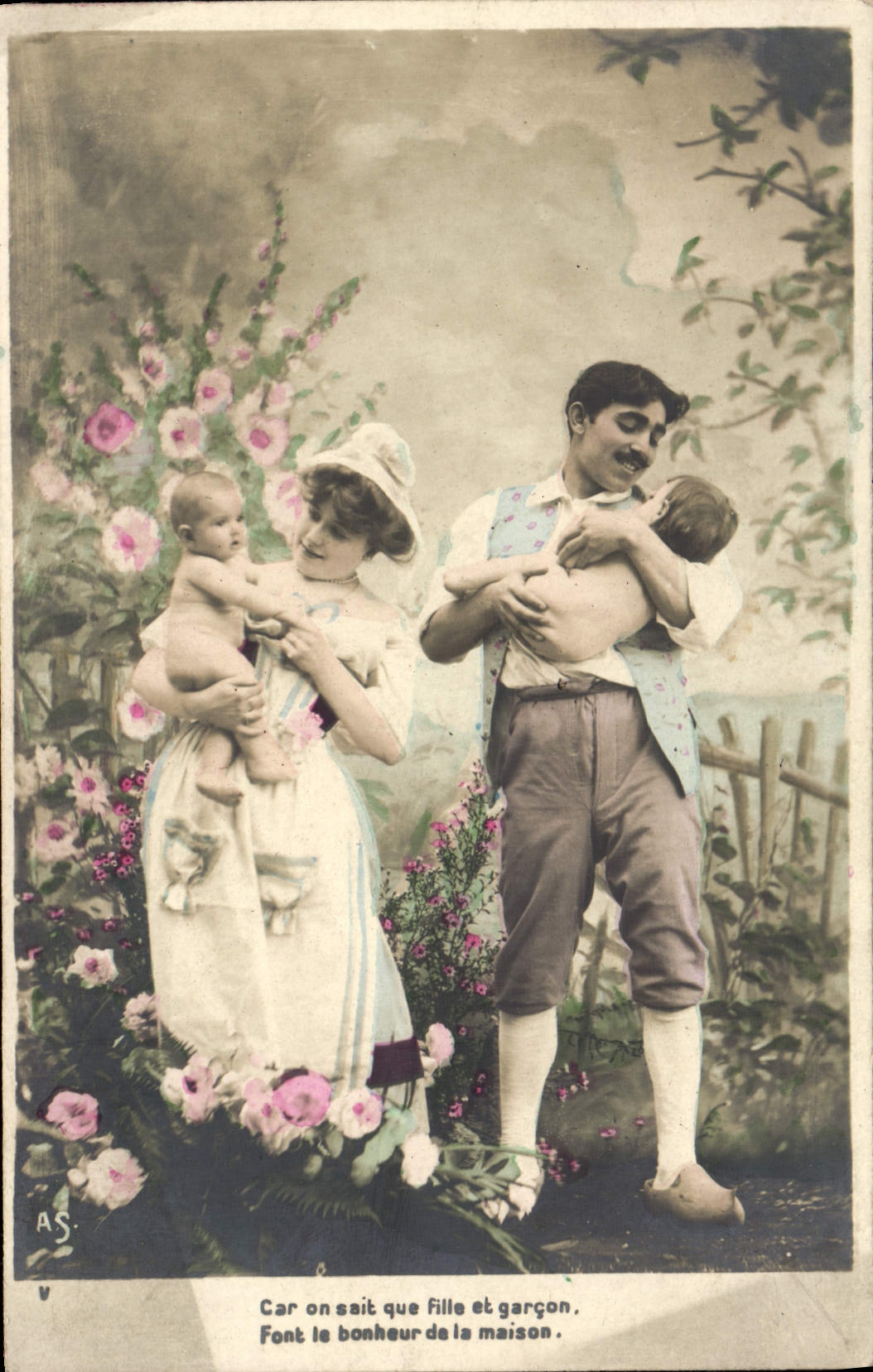 VINTAGE POSTCARD Because One Follows That Girl And Boy Make the Happiness Of the House Child wife Baby