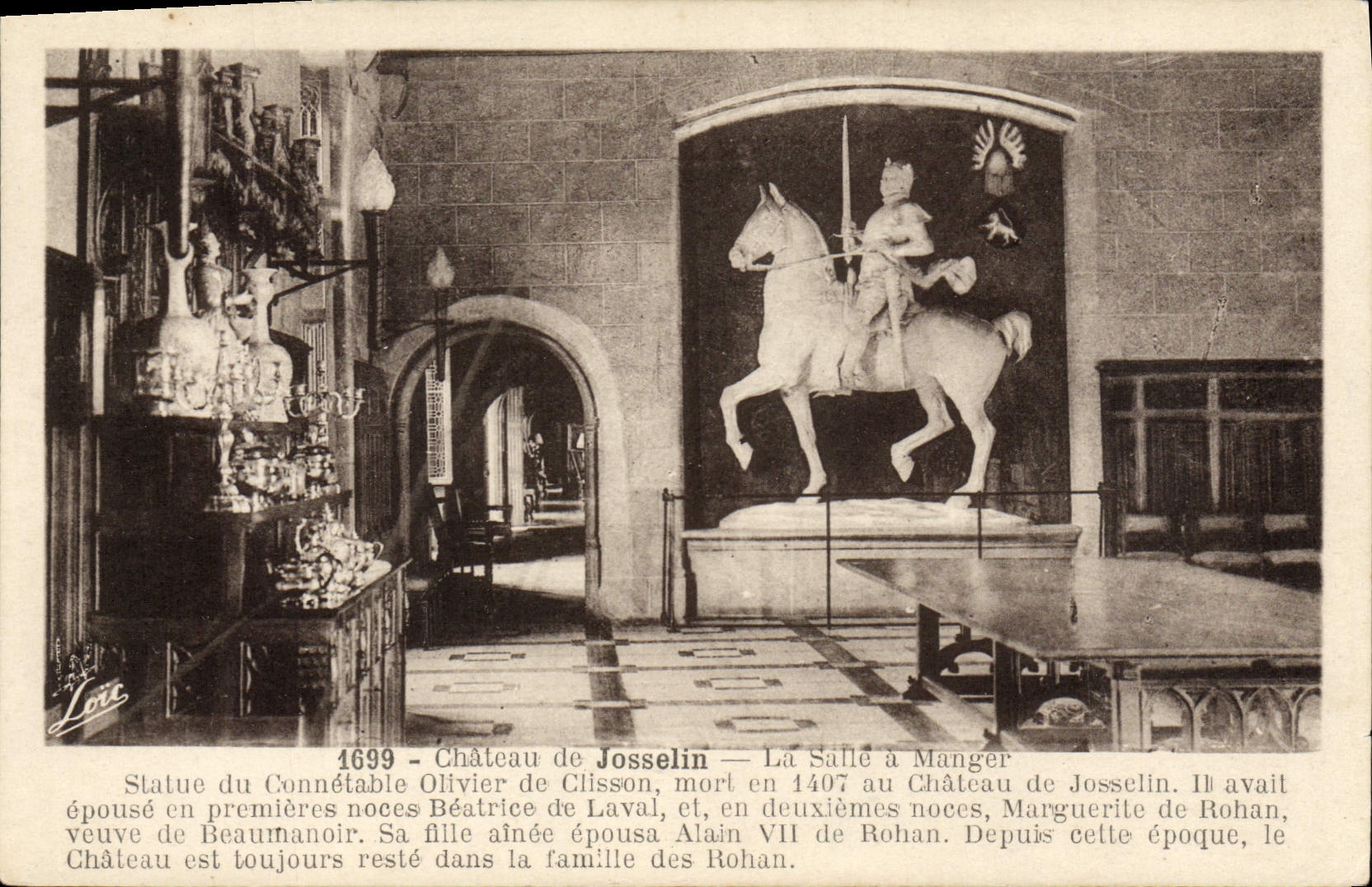 VINTAGE POSTCARD Castle of Josselin Dining room the Statue of the constable Olivier de Clisson