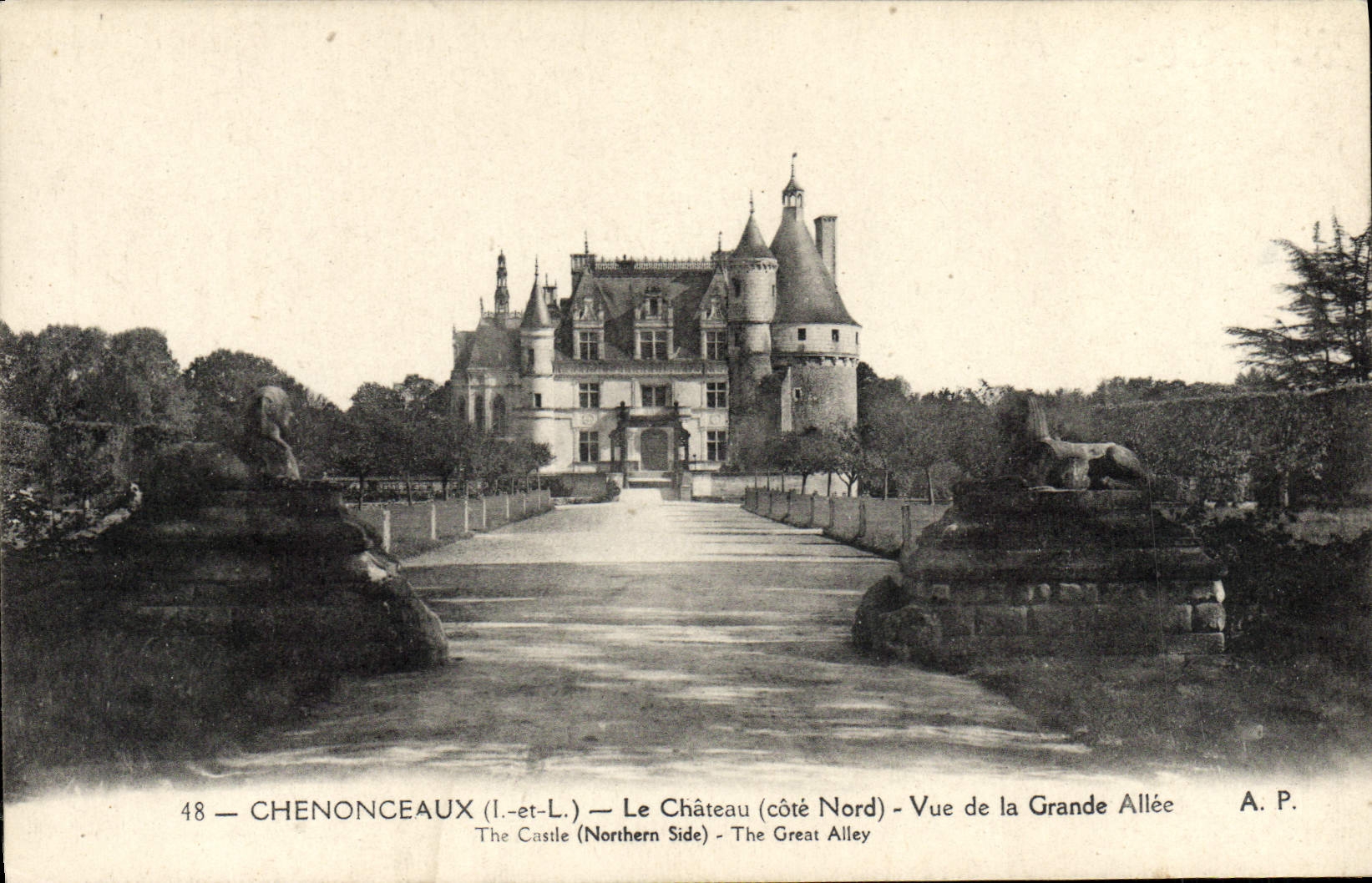 POSTAL Chanonceaux de la VENDIMIA el castillo visto del callejón grande