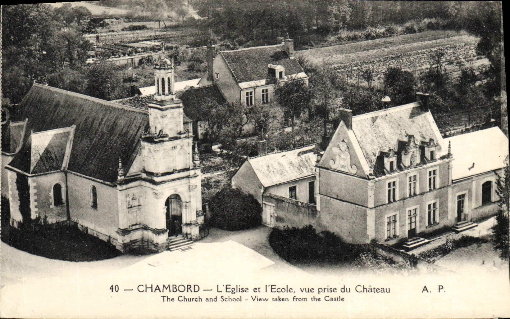 VINTAGE POSTCARD Chambord the Church and the School Seen from of the Castle