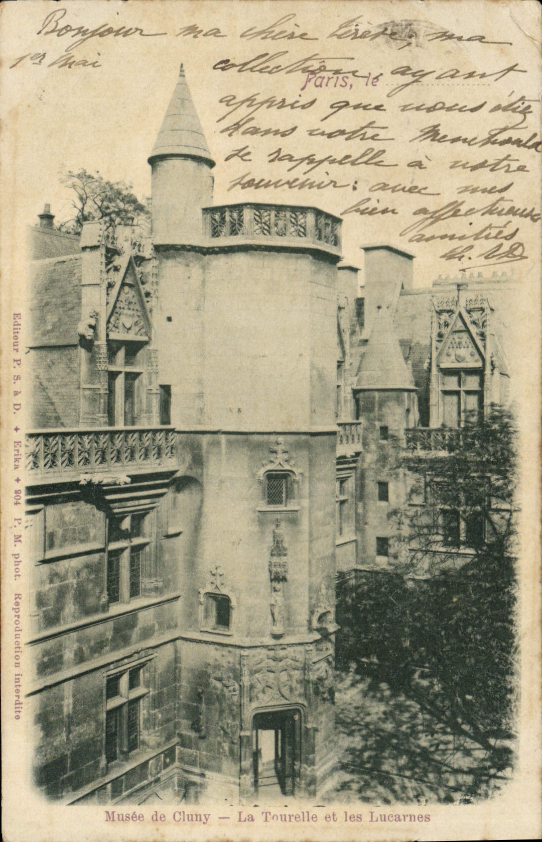 VINTAGE POSTCARD Museum of Cluny the Turret and the Paris Attic windows