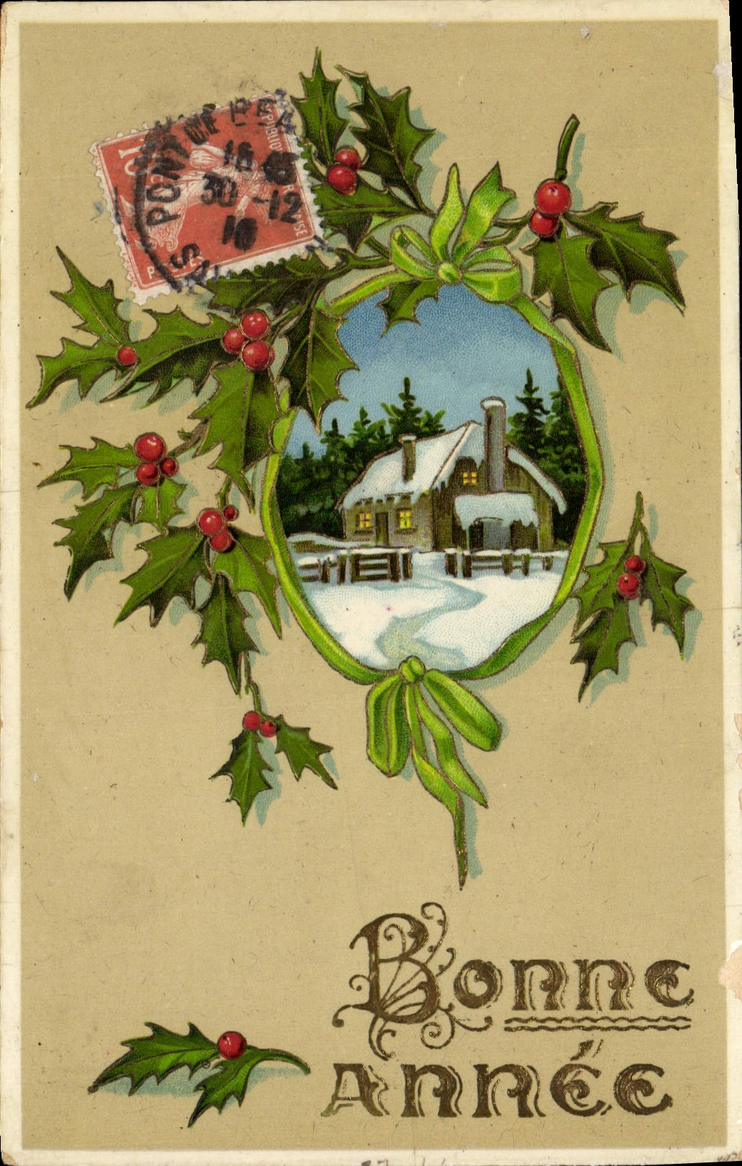 VINTAGE POSTCARD Fantasy Happy New Year Houx