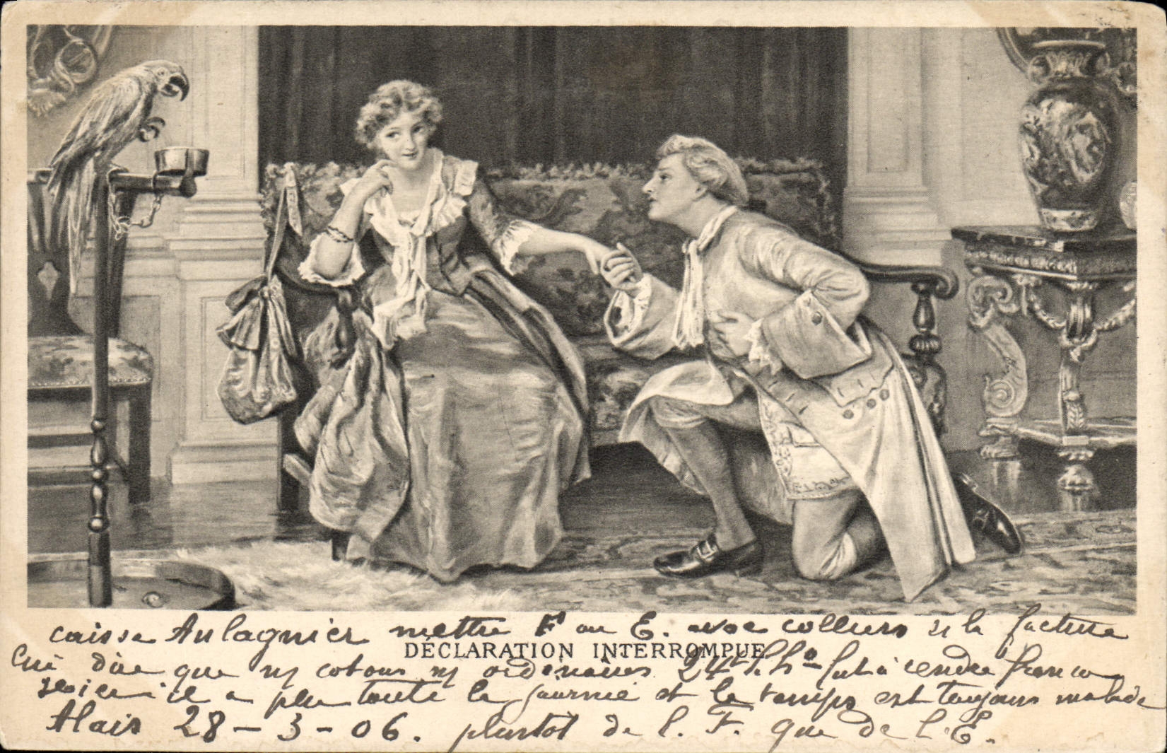 VINTAGE POSTCARD Fantasy Woman stopped Declaration Parrot