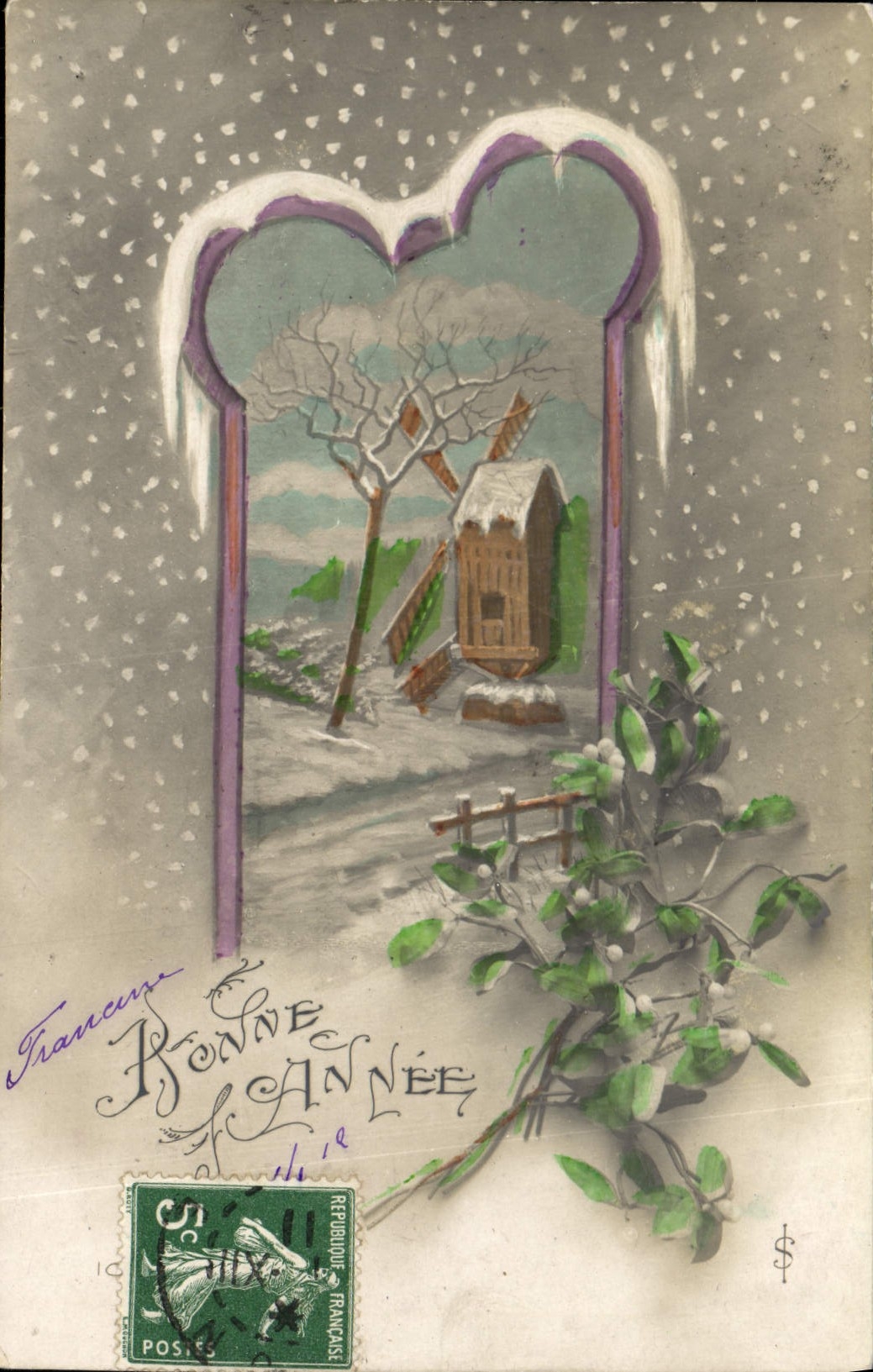 CPA Fantaisie Bonne annee Moulin a vent