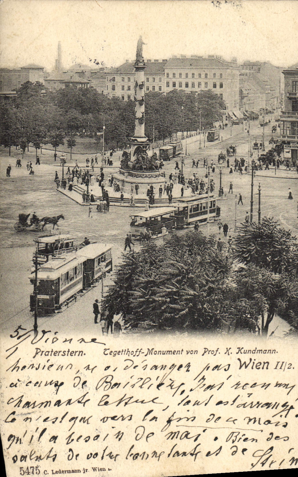 CPA Praterstern Tegetthoff Monument von Prof K Kundmann Wien Tramway