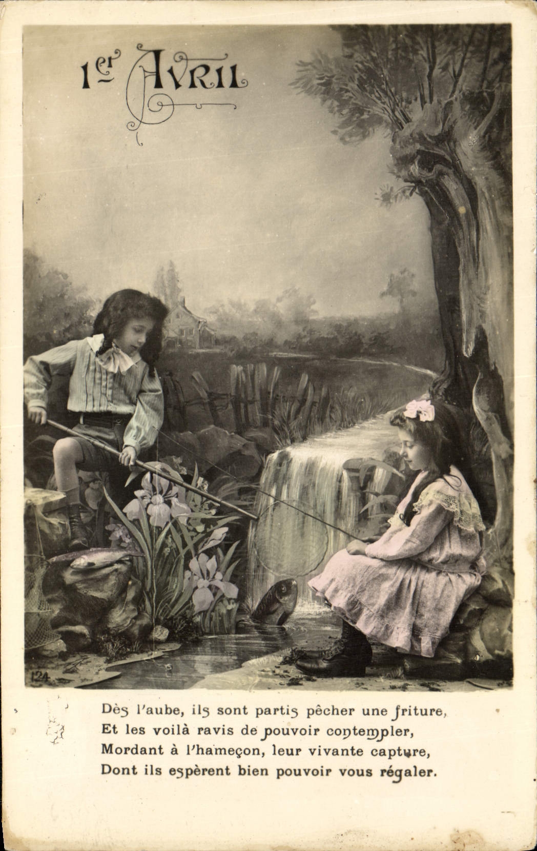 VINTAGE POSTCARD Fantaisie Children April 1st Fishes Sinning