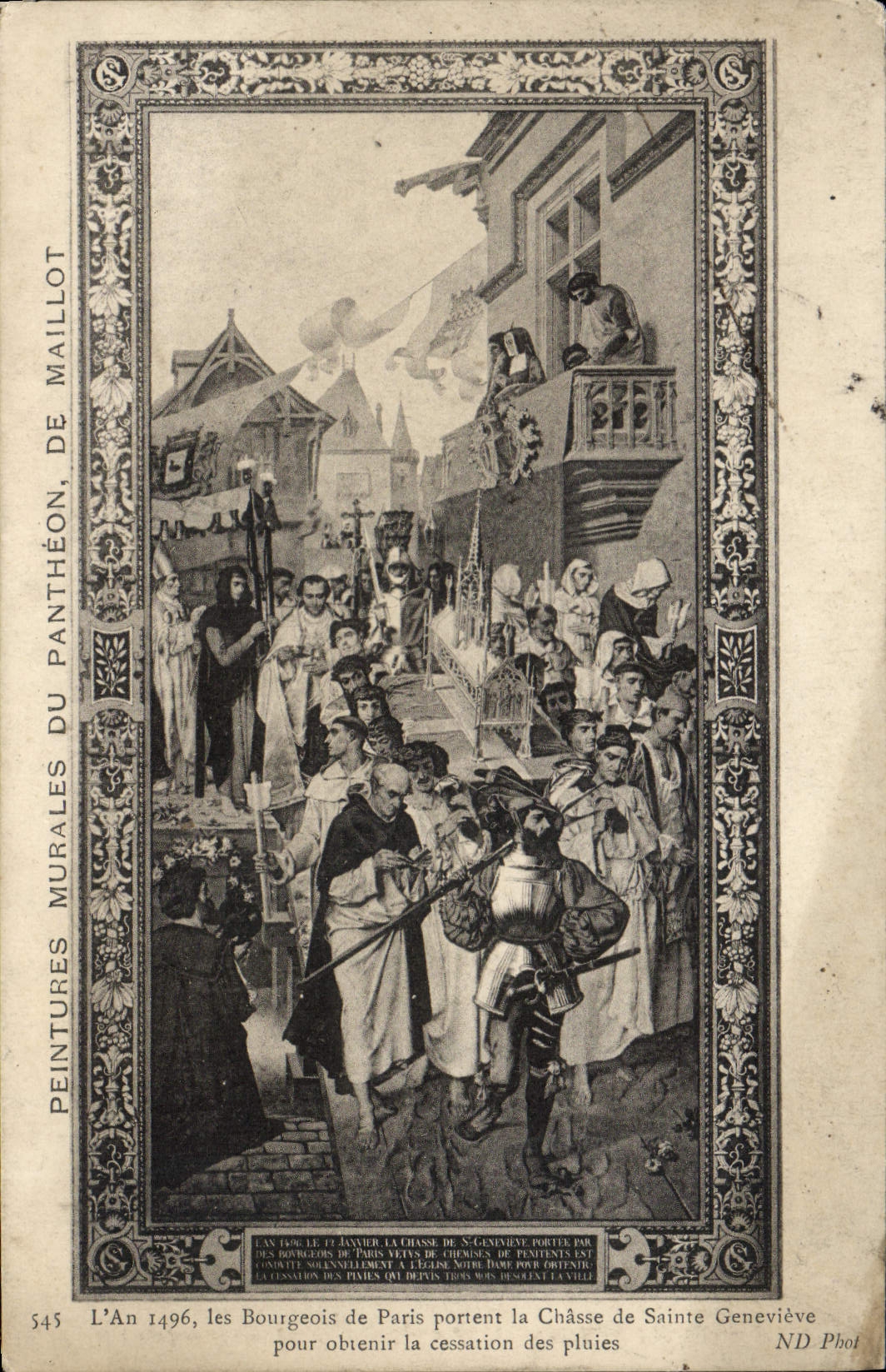 VINTAGE POSTCARD Murals of the Pantheon Paris the middle-class men of Paris carry the cahse of Genevieve Sainte