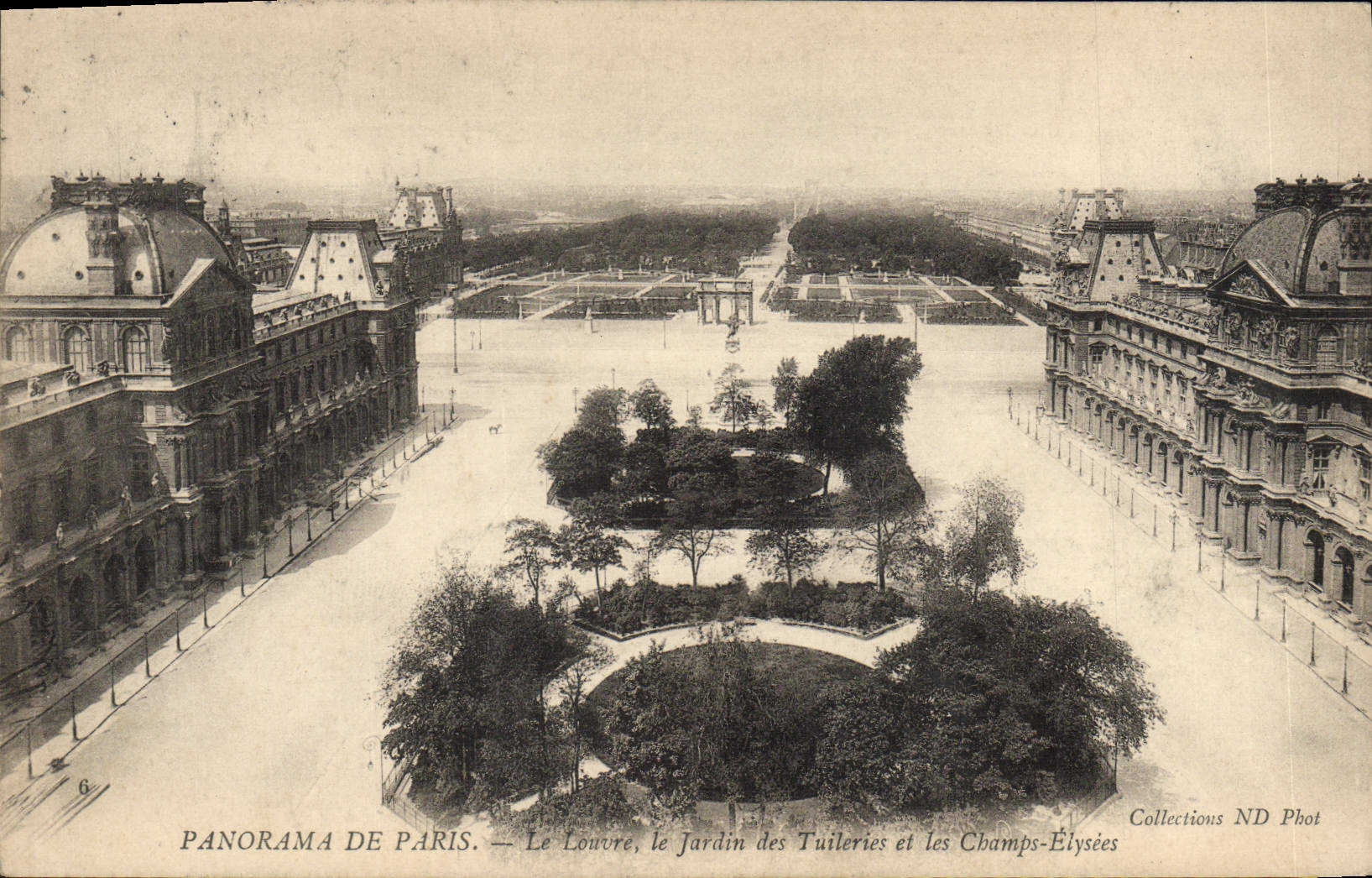 Panorama de París de la POSTAL de la VENDIMIA de la lumbrera de París el jardín de Tileries y del Champs Elysées