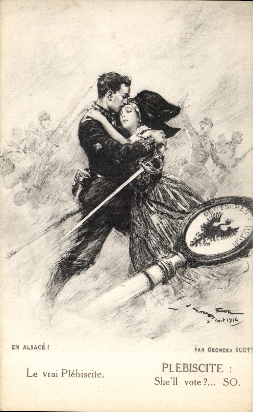 VINTAGE POSTCARD In Alsace the True Militaria Plebiscite