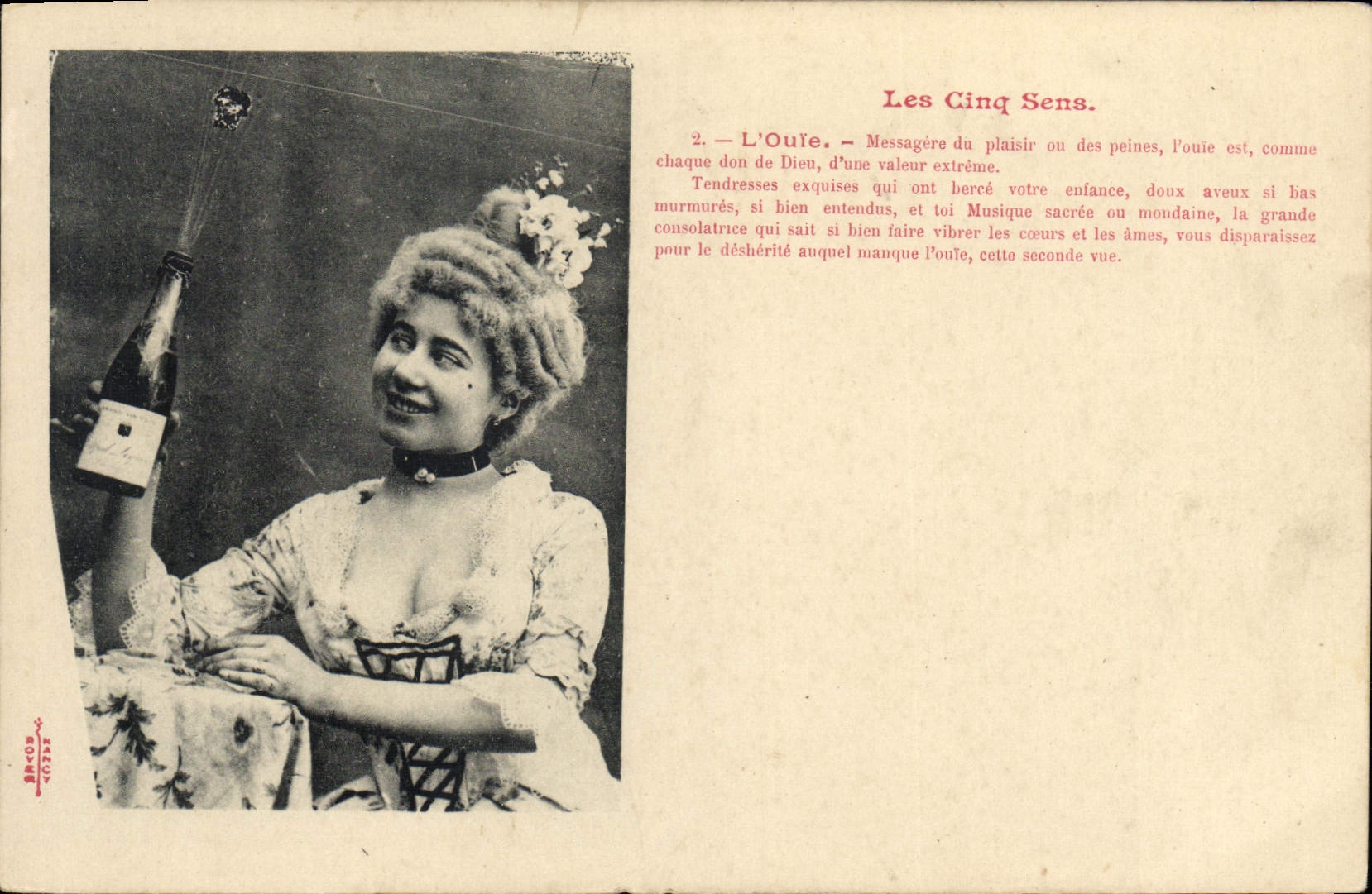 VINTAGE POSTCARD Five Sens Hearing Woman Champagne