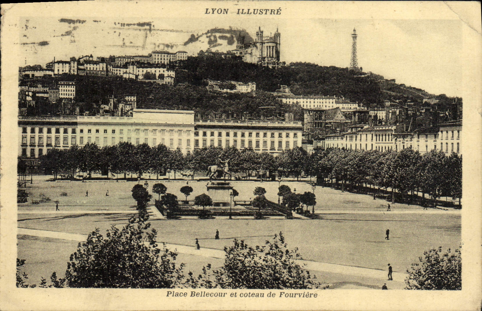 La POSTAL Lyon Illustre de la VENDIMIA pone Bellecour y la cuesta De Fourviere