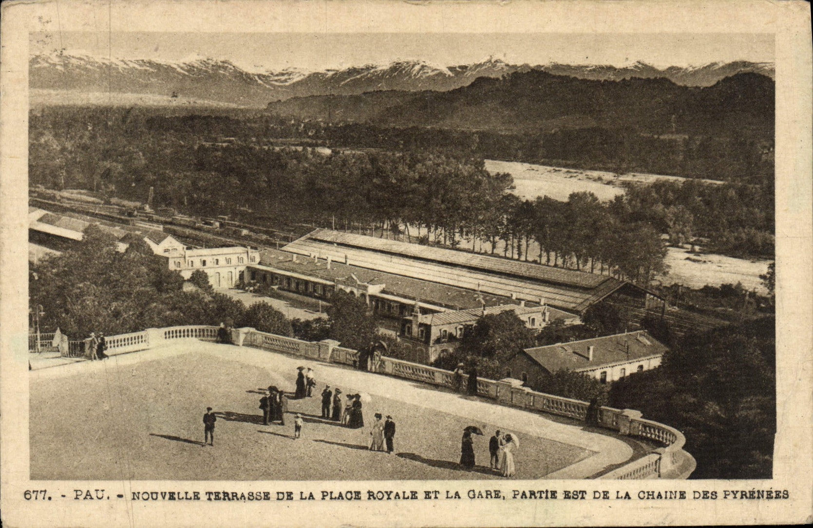 VINTAGE POSTCARD Pau News Terrace Of the Royal Place And Train station Part Is Chain Of the Pyrenees
