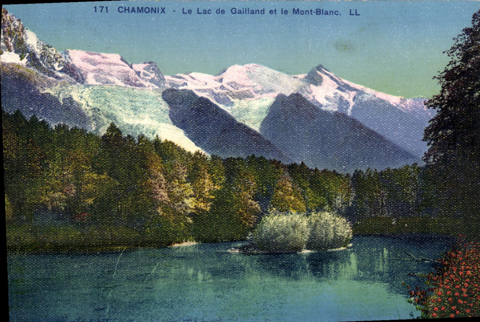 POSTAL Chamonix de la VENDIMIA el lago De Gailland y Mont Blanc