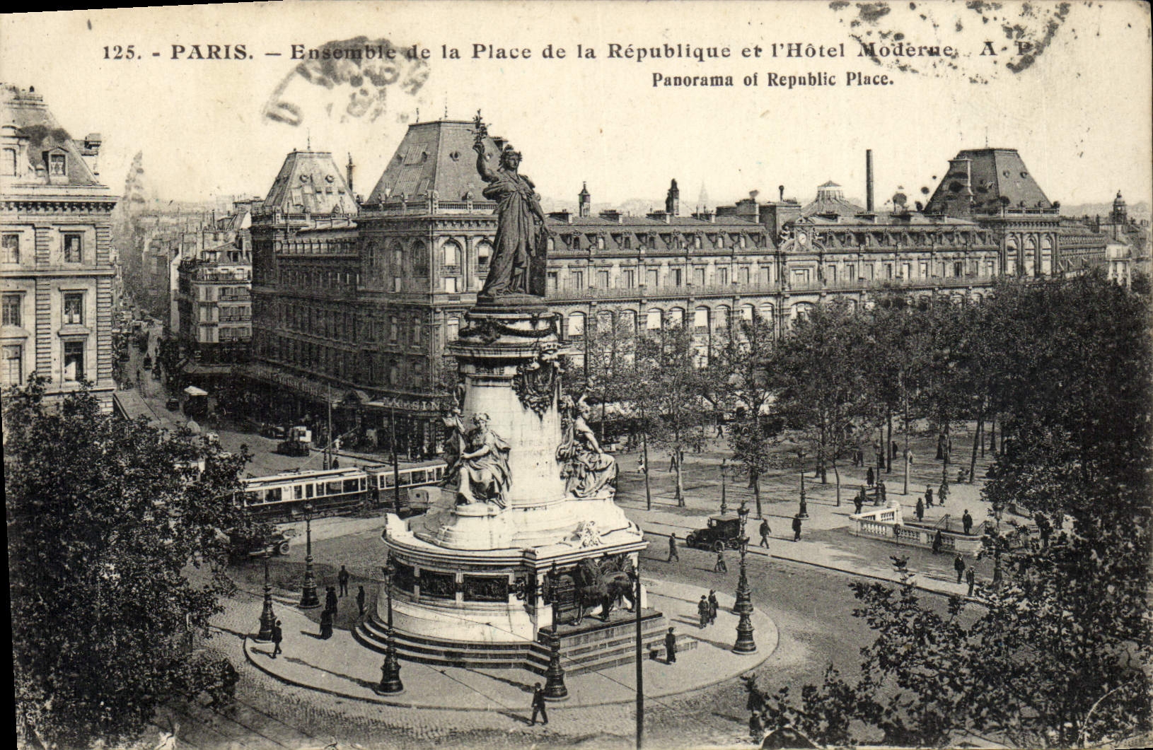 VINTAGE POSTCARD Paris Ensemnble of the Place of the Republic and the Modern Hotel