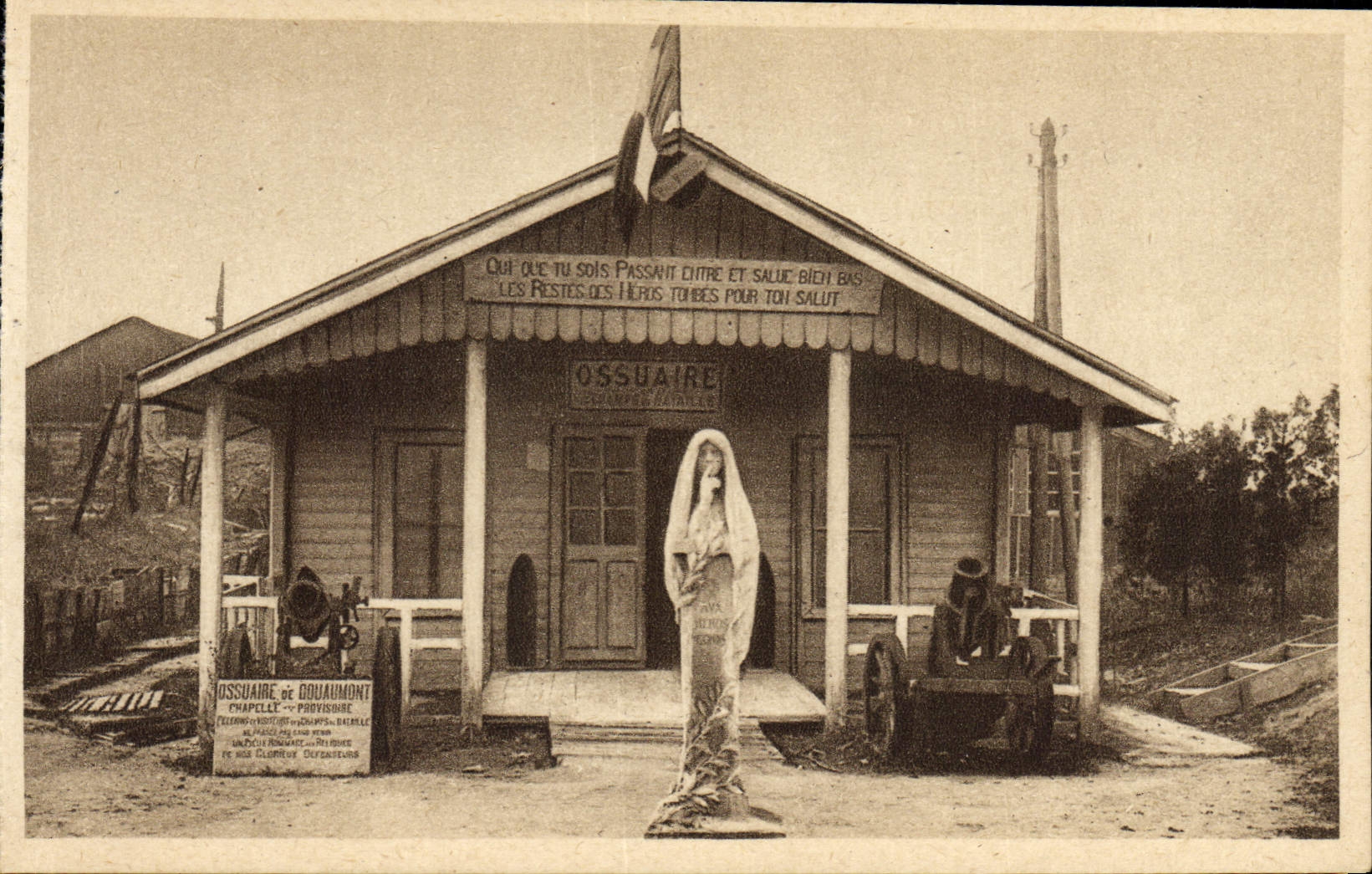 VINTAGE POSTCARD Douaumont the provisional Ossuary built in 1919 and the statue of Resignation