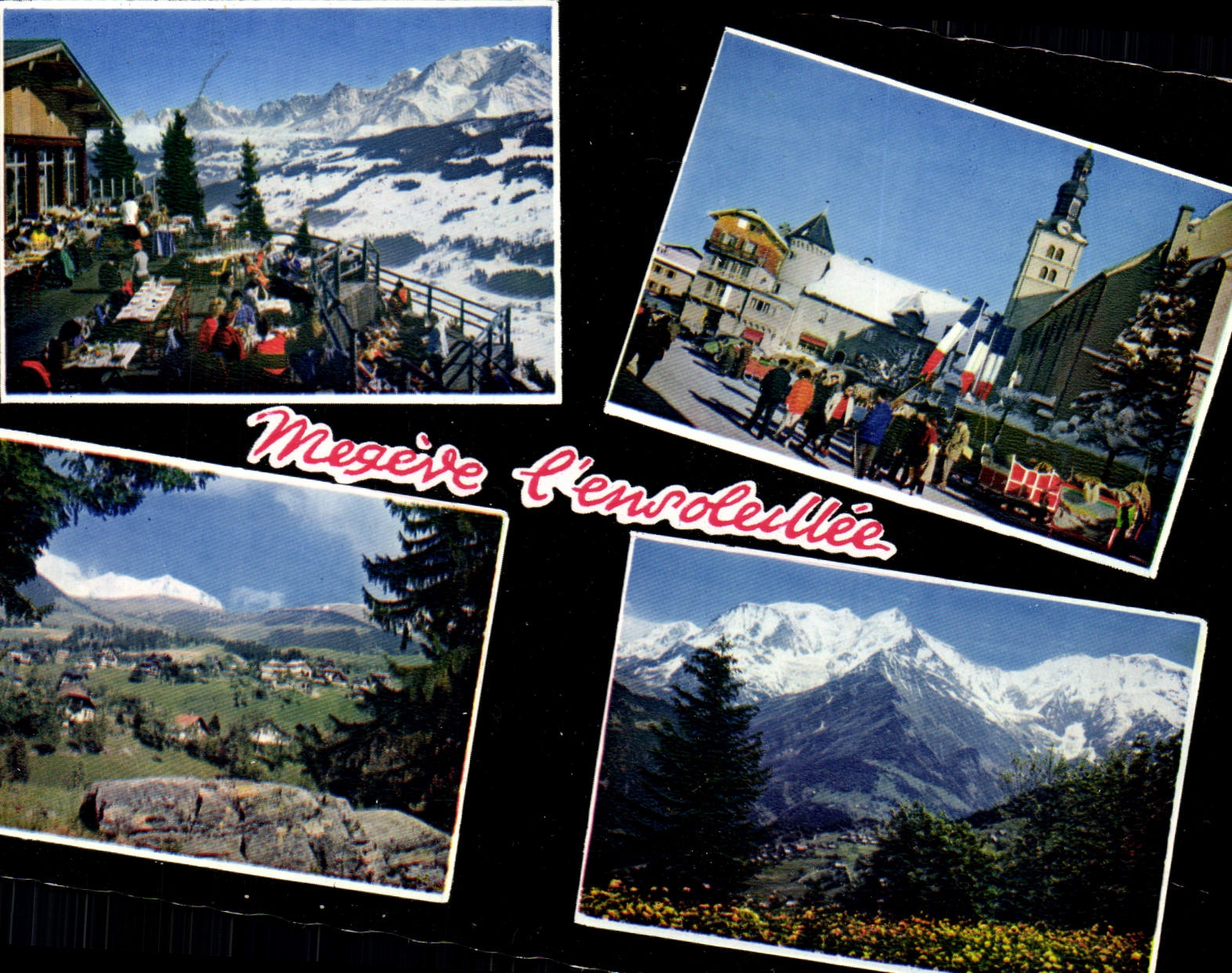 CPM Megeve ensoeillee Terrasse du Jaillet Place de L'Eglise Vue generale et le Mont Blanc Le Mont Blanc