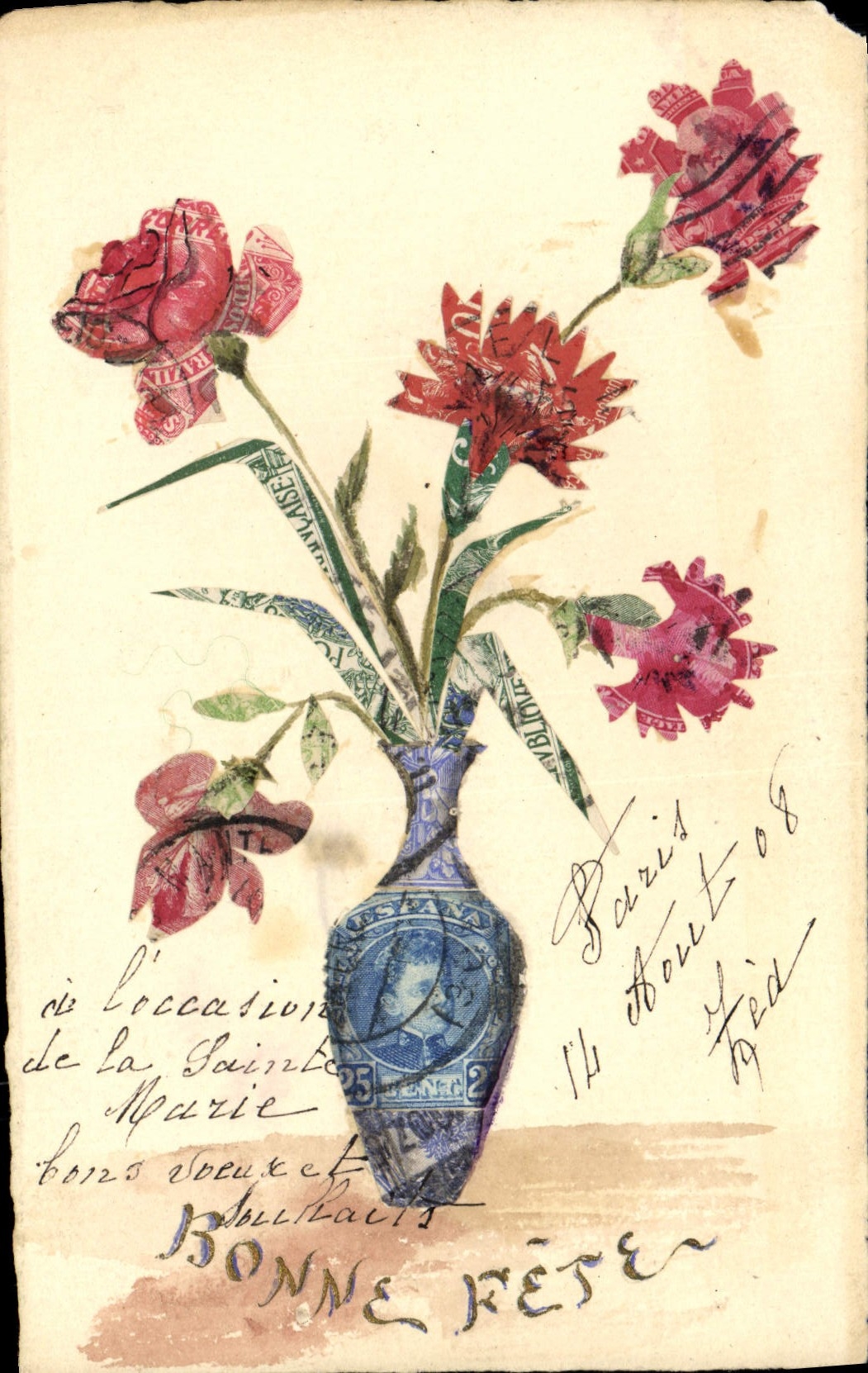 CPM Bonne Fete Fleurs (timbres colles) Timbres Espagne et Etats Unis