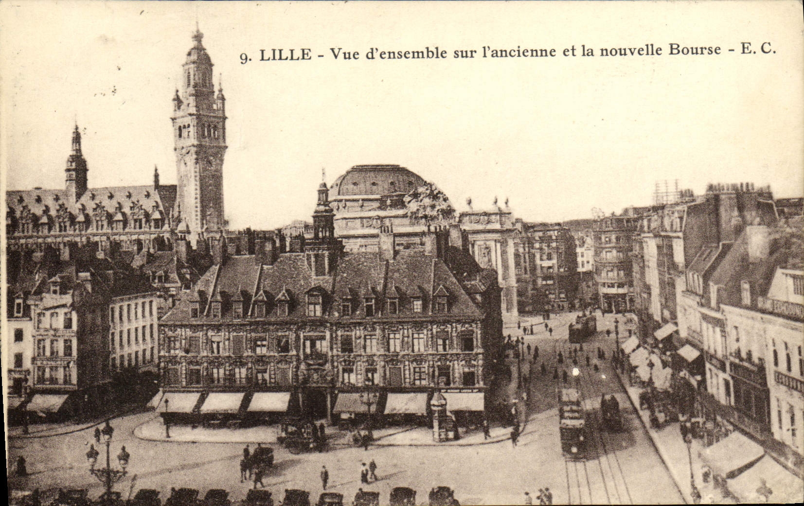 Cuadro total de Lille de la POSTAL de la VENDIMIA en el viejo y la nueva tranvía de la bolsa de acción