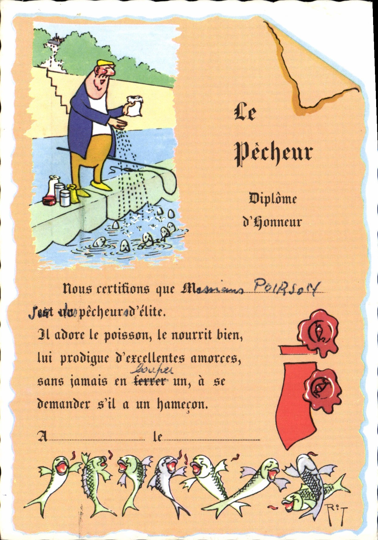 MODERN CARD the Sinner Diploma of Honor Fishes Poirson fish