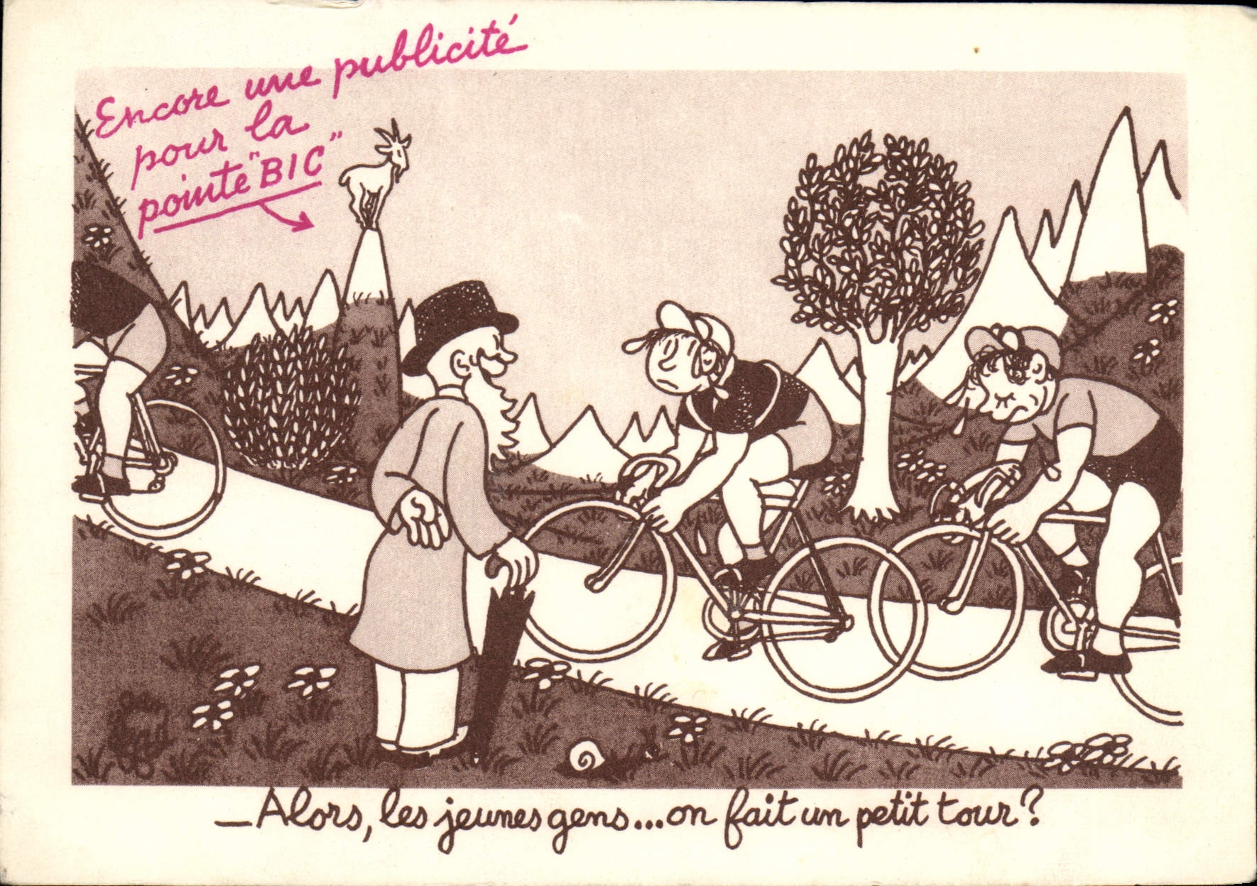 VINTAGE POSTCARD Alors Jeumes people One Makes Um Small round Publicity Biro Bicycle Cycles