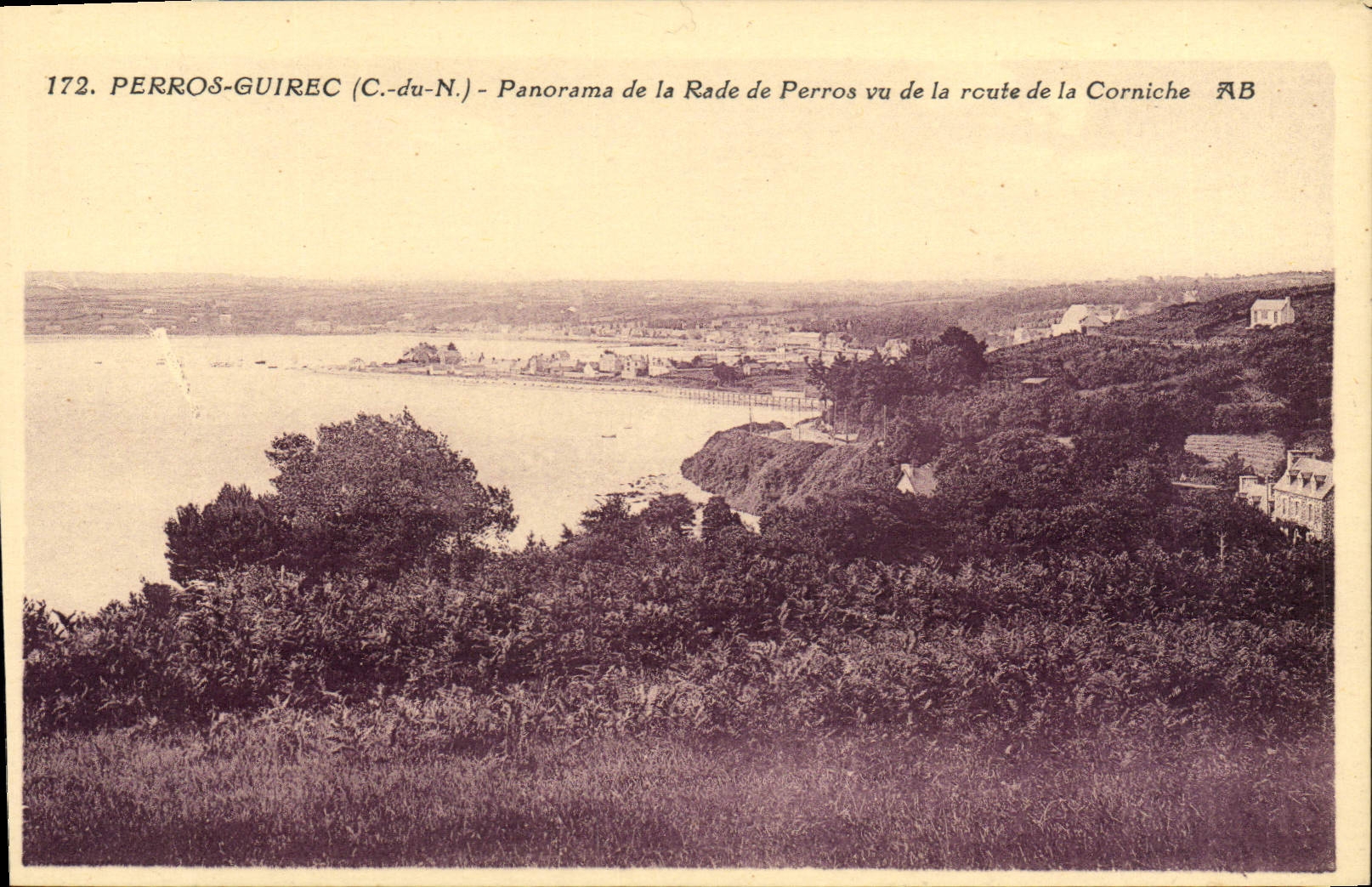 Panorama de Perros Guirec de la POSTAL de la VENDIMIA de los caminos De Perros Seen del camino de la cornisa