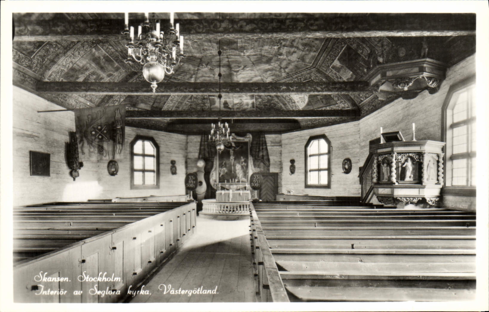 Interior de Skanson Estocolmo de la POSTAL de la VENDIMIA en el kyrka Vastergotland de Seglora