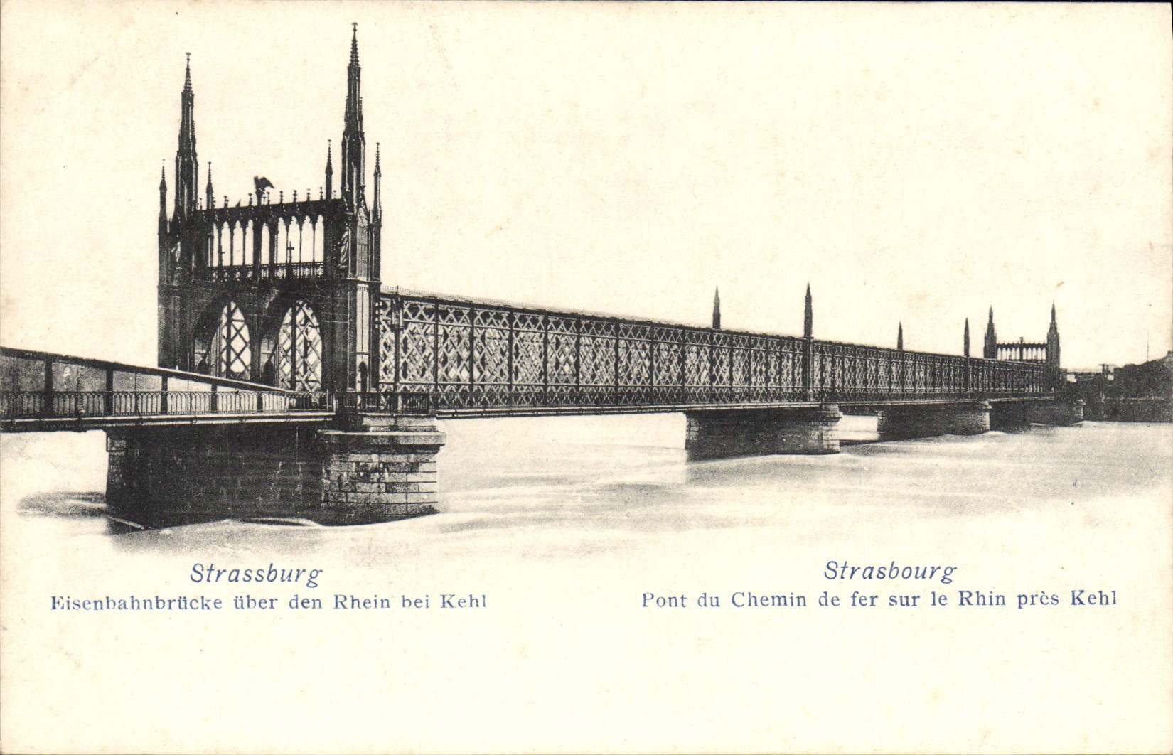 Puente de Strassburg de la POSTAL de la VENDIMIA del ferrocarril en el Rin Kehl cercano