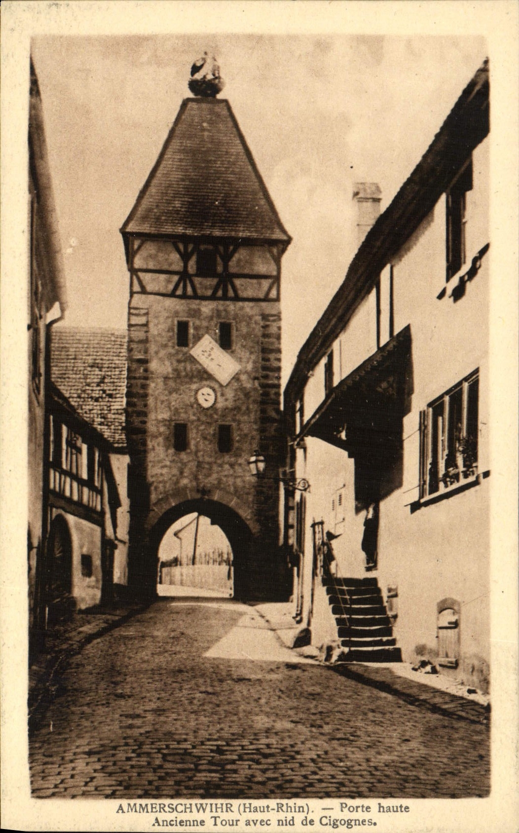 VINTAGE POSTCARD Ammerschwihr Carries High Old tower with nest of storks