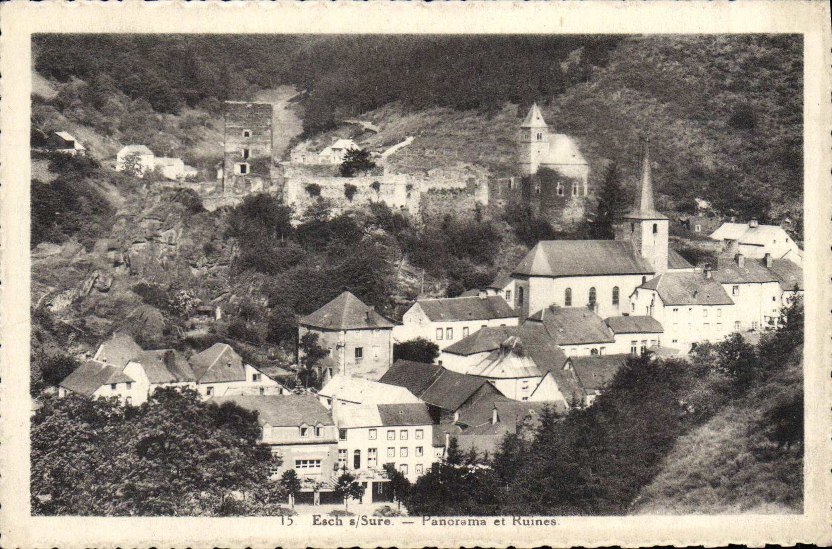VINTAGE POSTCARD Esch Sour Panorama and Ruins