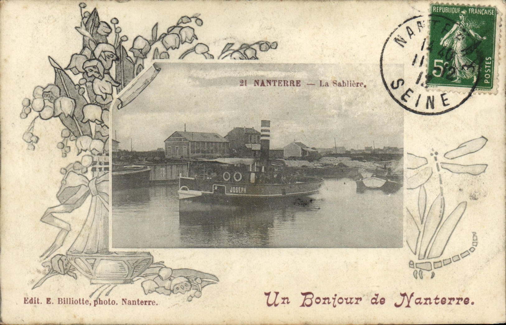 POSTAL Nanterre de la VENDIMIA el barco del hoyo de arena