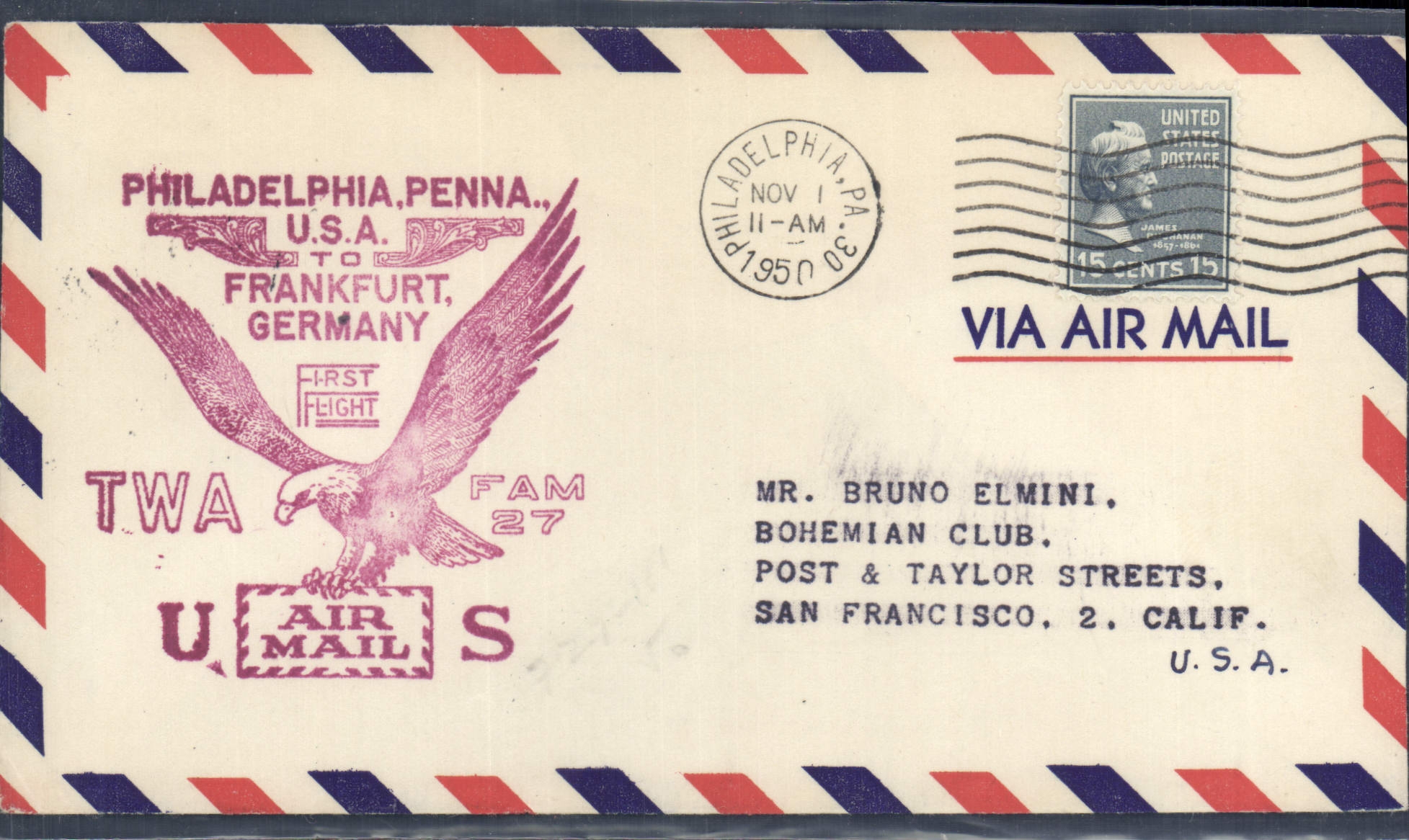 Lettre 1er vol Etats Unis Philadelphia Frankfurt TWA FAM 27 Aigle 1 11 1950