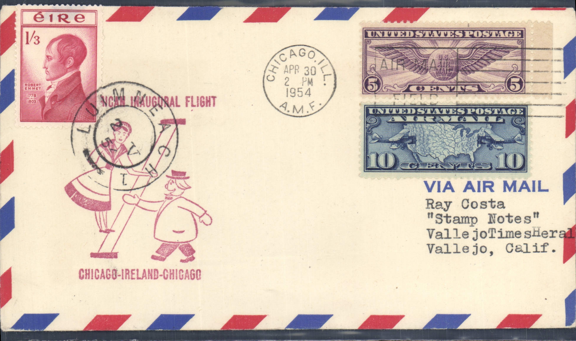 Letter 1st flight the United States Chicago Ireland Chicago 30 4 1954