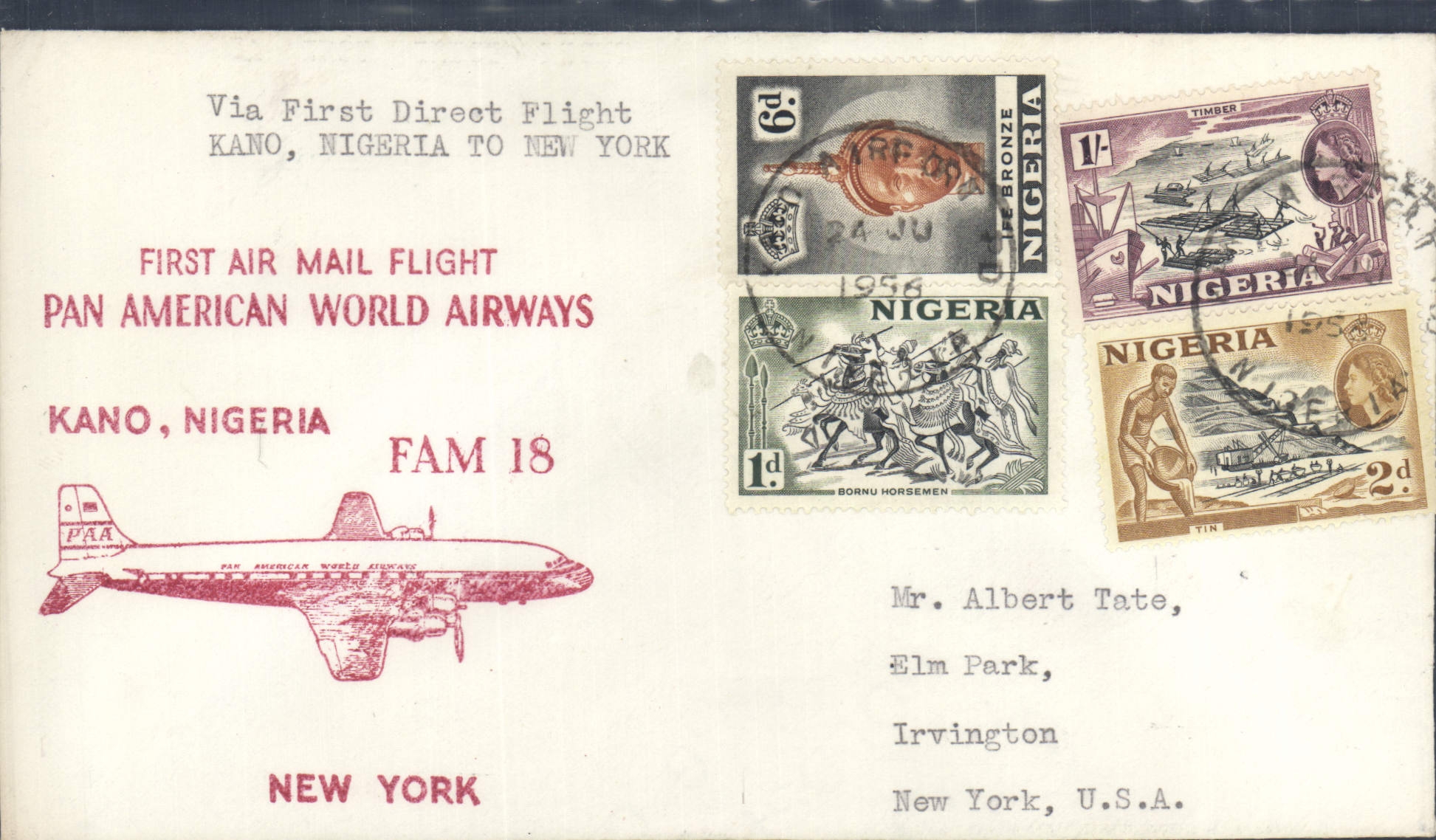 Letter 1st flight the United States Kamo Nigerio New York 26 6 1956