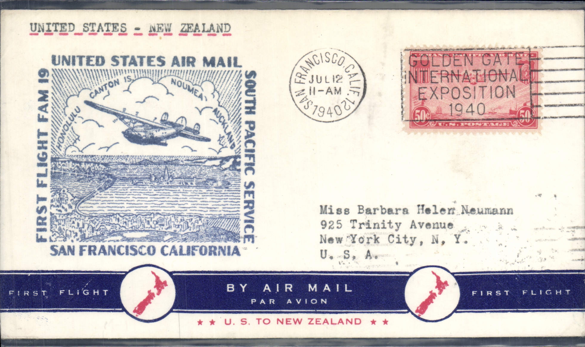Lettre 1er vol Etats Unis San Francisco New Zealand 12 7 1940