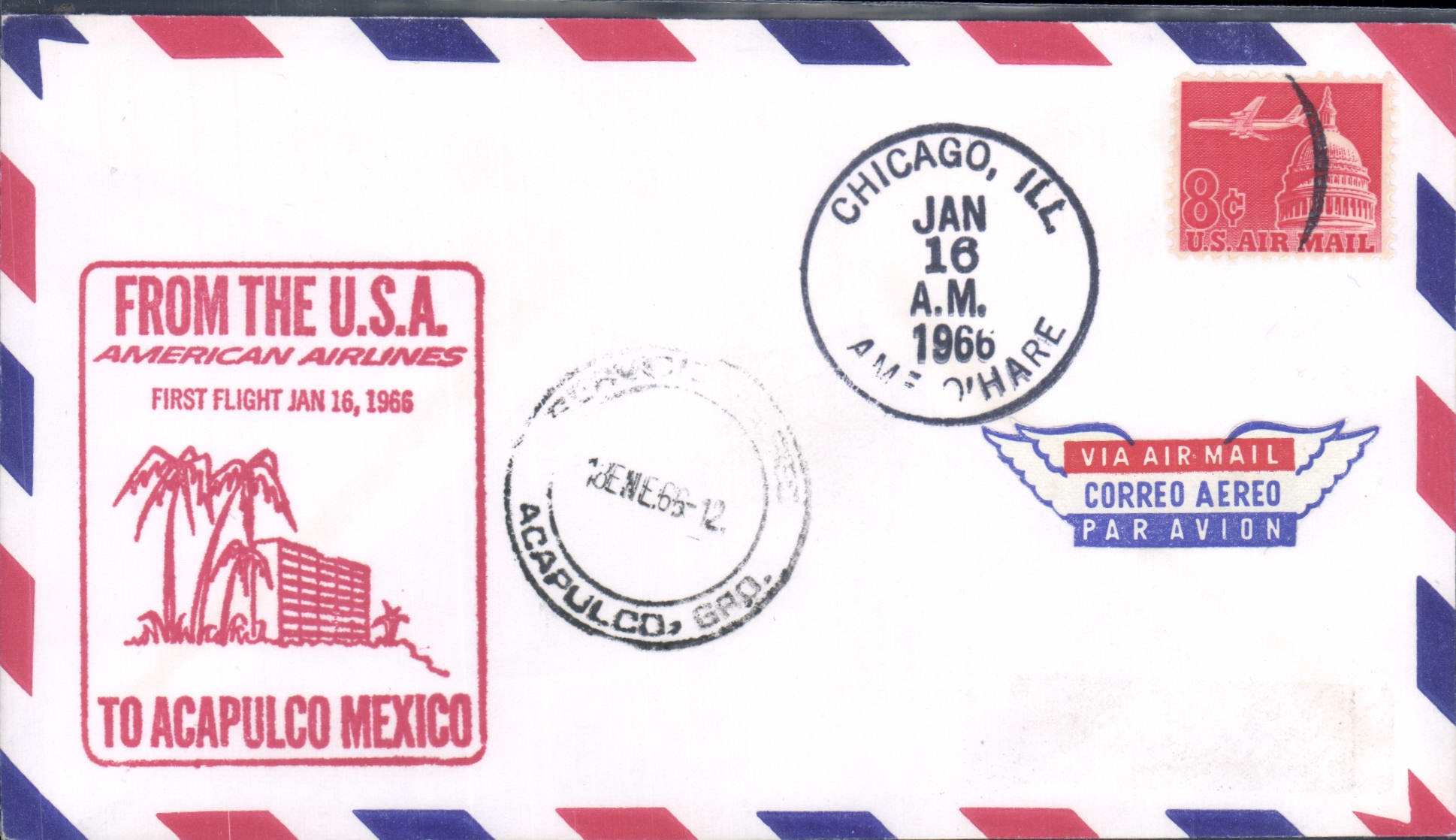 Lettre 1er vol Etats Unis Chicago Acapulco 16 1 1966