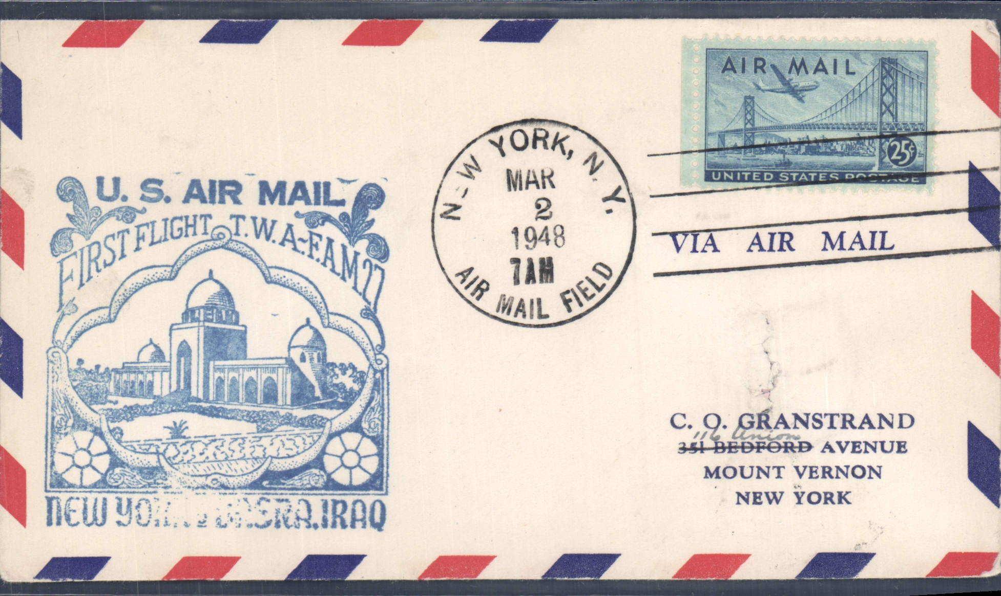 Lettre 1er vol Etats Unis New York Basra Iraq 2 3 1948
