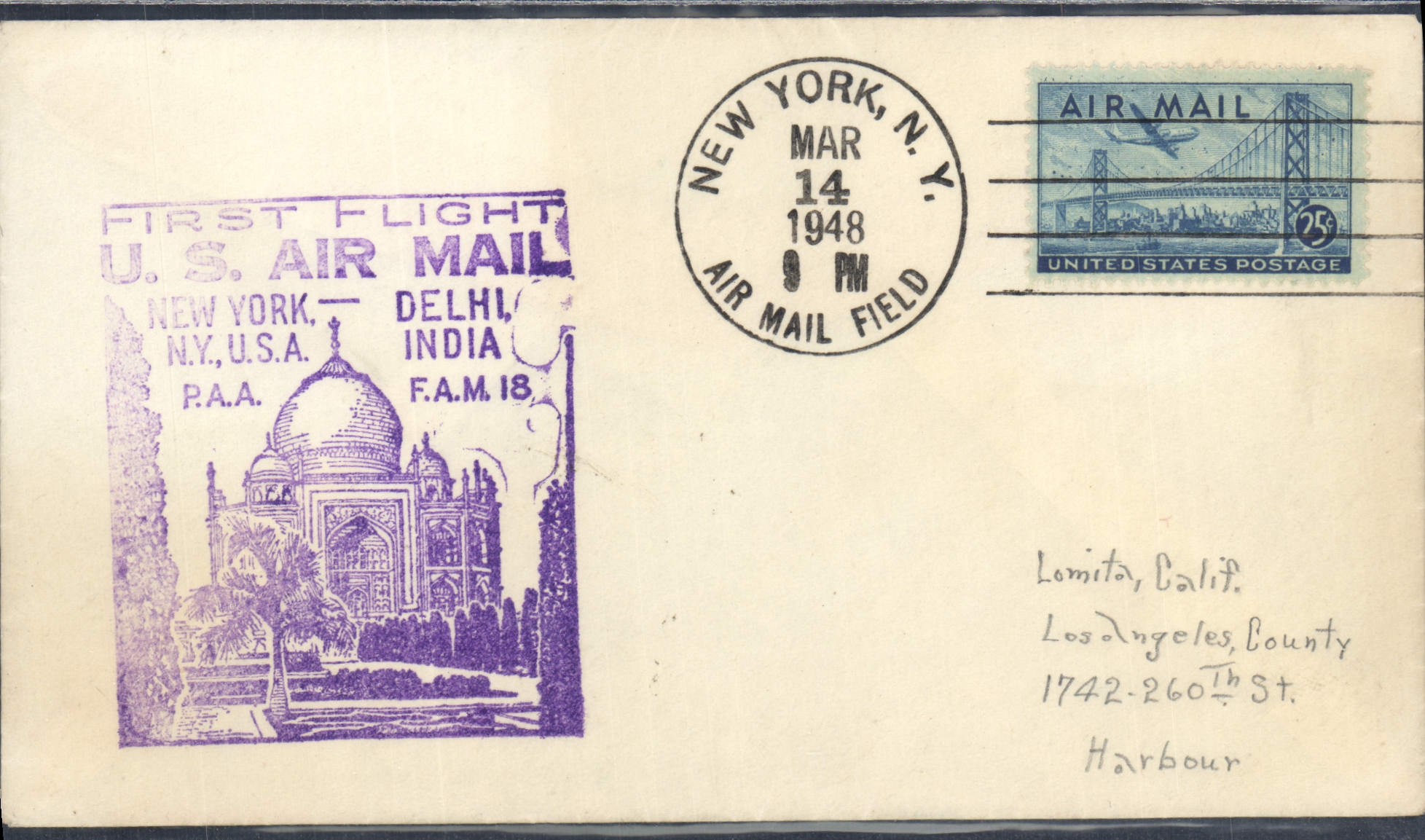 Letter 1st flight the United States New York Delhi Indi 14 3 1948