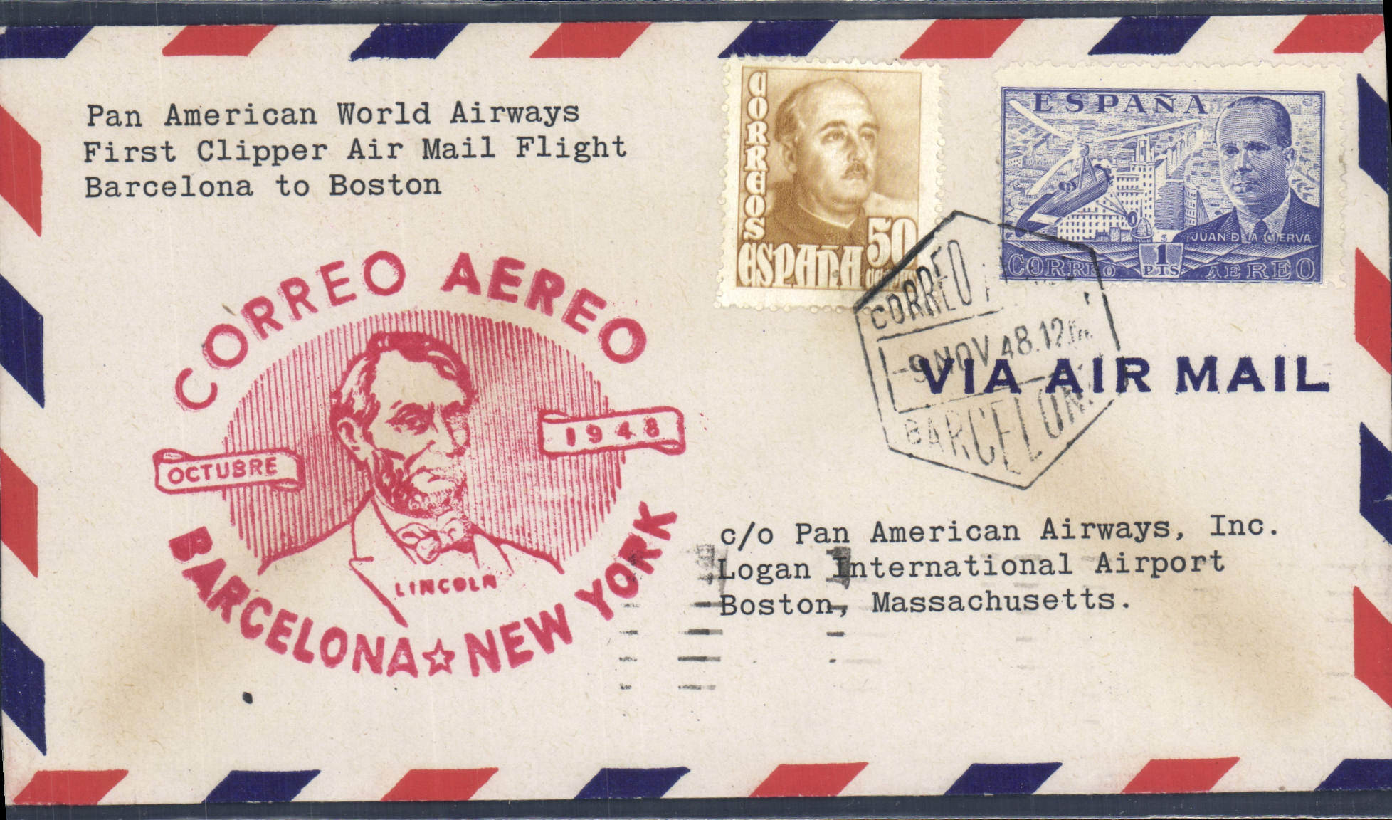 Letter 1st flight Barcelona Boston 9 11 1948
